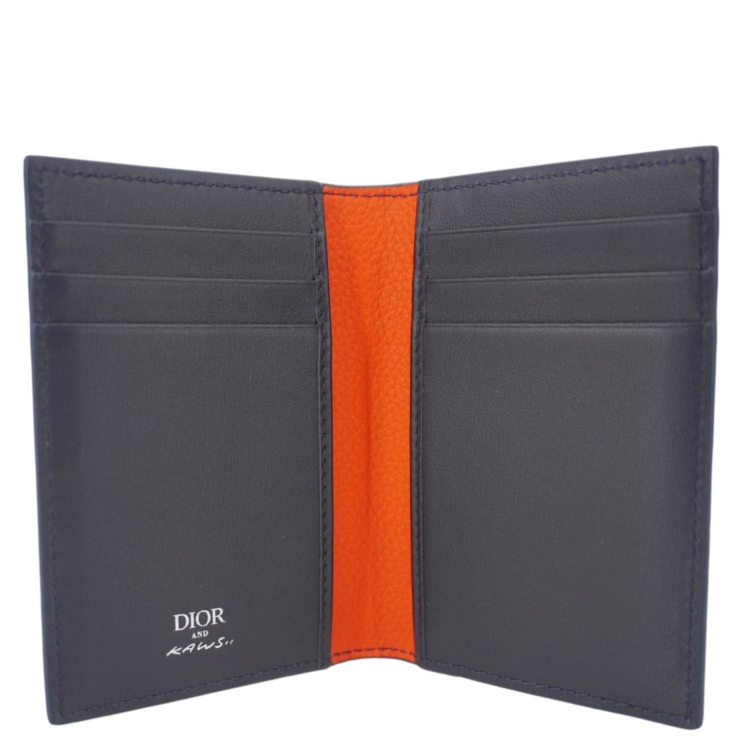 CHRISTIAN DIOR AND KAWS Calfskin Leather Vertical Bifold Card Holder Navy Blue