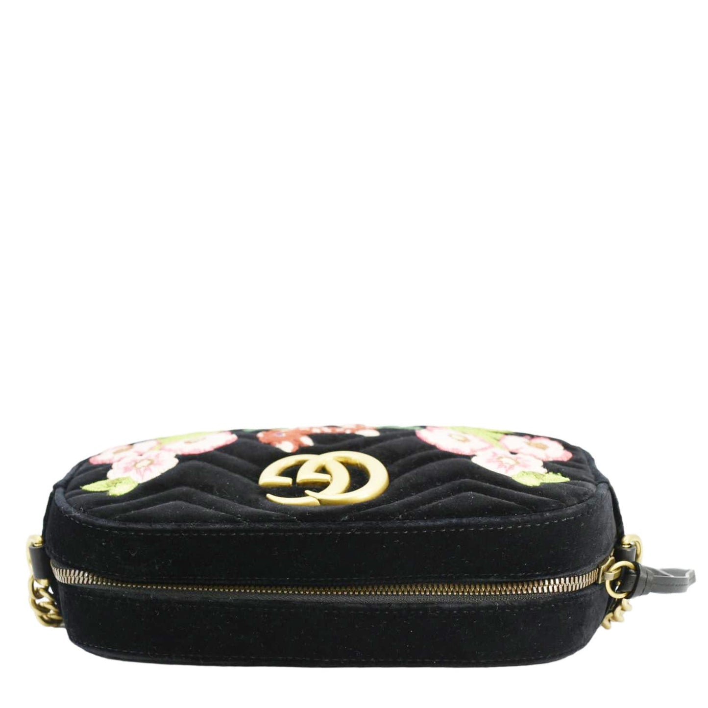 GUCCI GG Marmont Small Matelasse Deer Embroidered Velvet Camera Bag Black