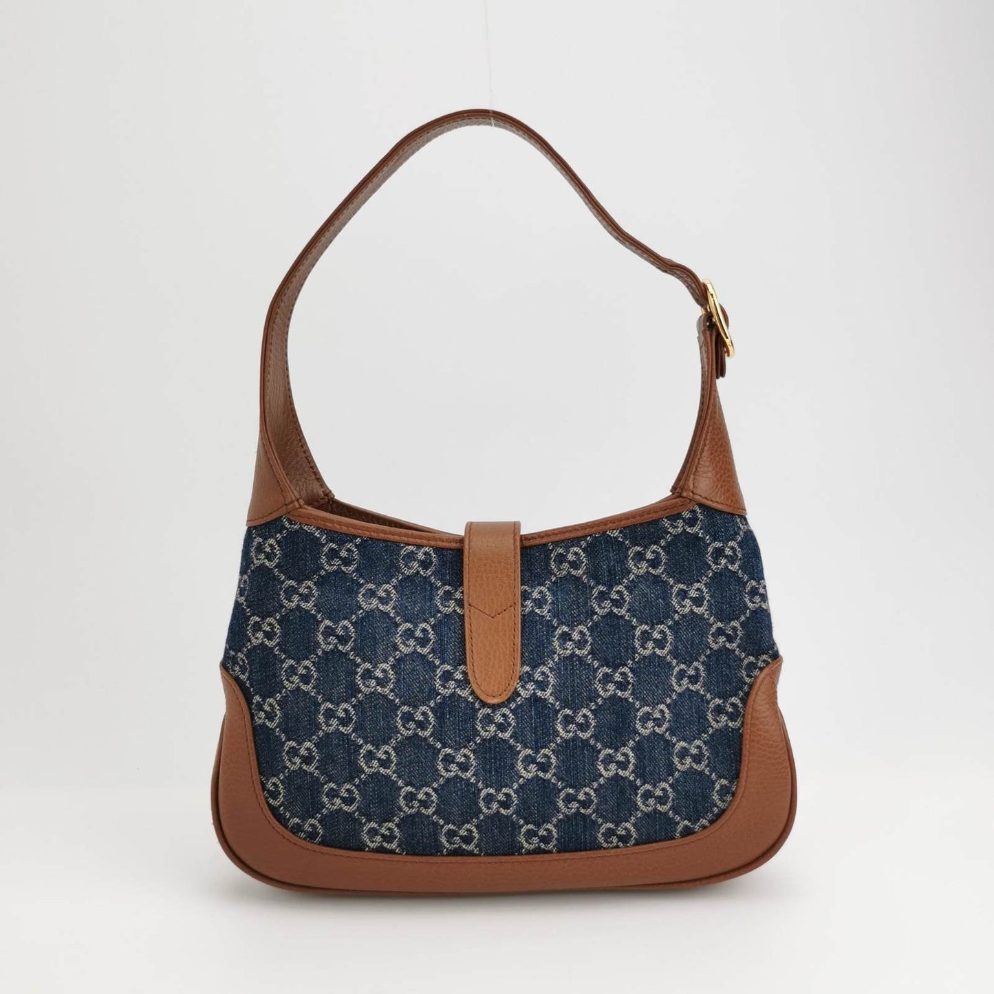 Gucci Jackie 1961 Small Handbag in Blue Monogram Denim and Brown Leather