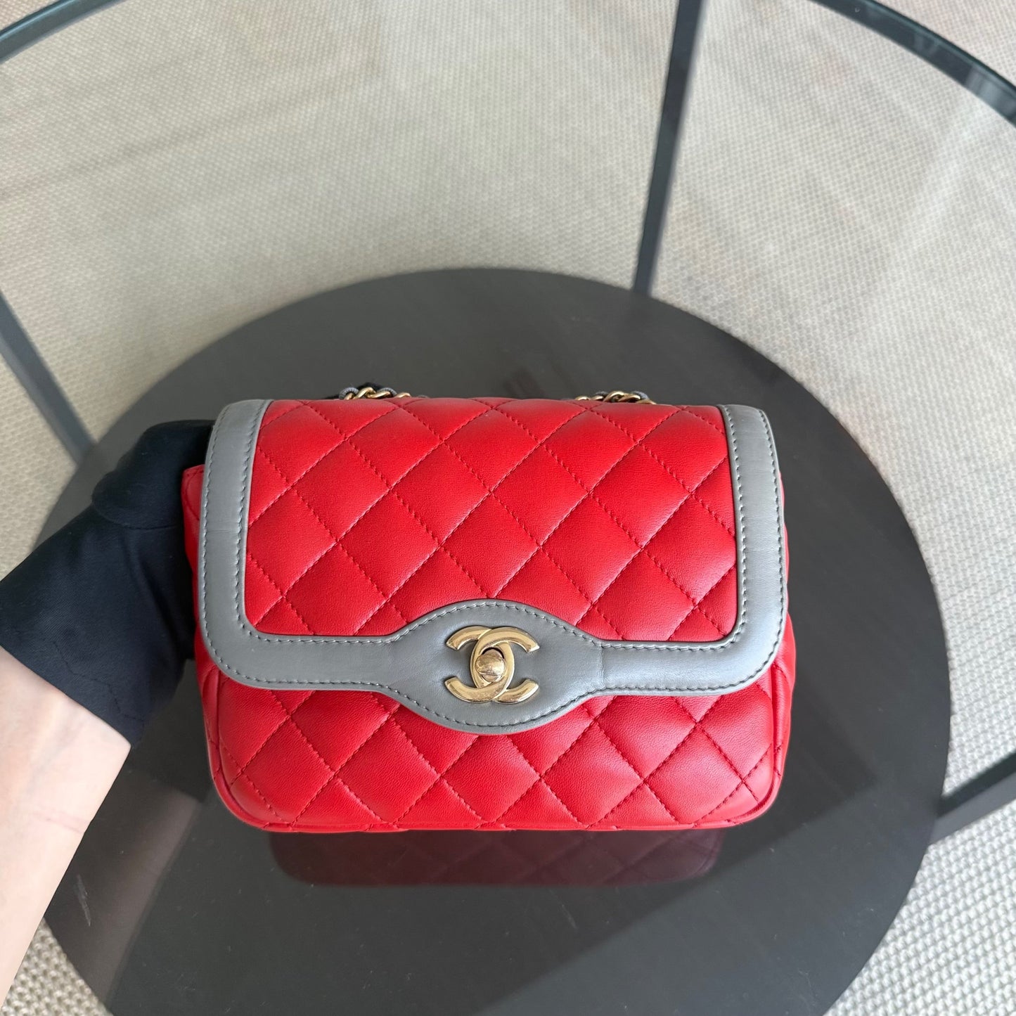 Chanel Seasonal Flap - Two Tone Quilted Lambskin Red Grey Golden Hardware Series 23