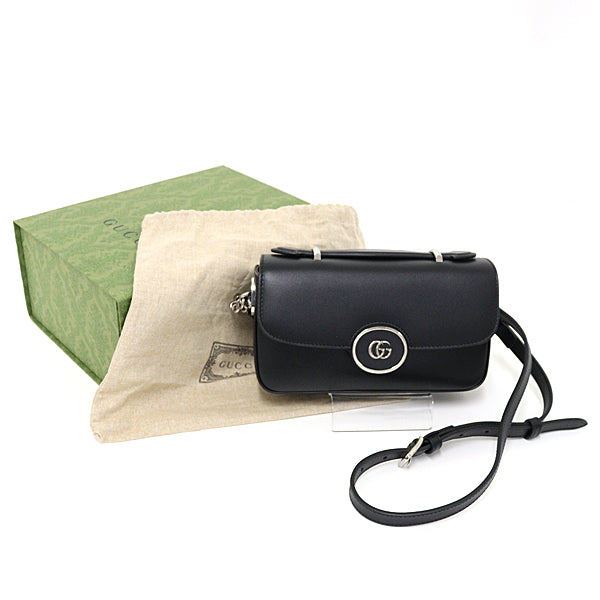 GUCCI Shoulder Bag 739722 leather Black Silver GG logo Shoulder Bag Women