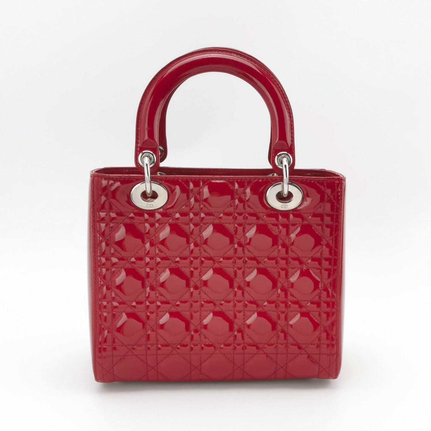 Lady Dior Medium Red Burgundy Patent Leather Handbag Silver Hardware