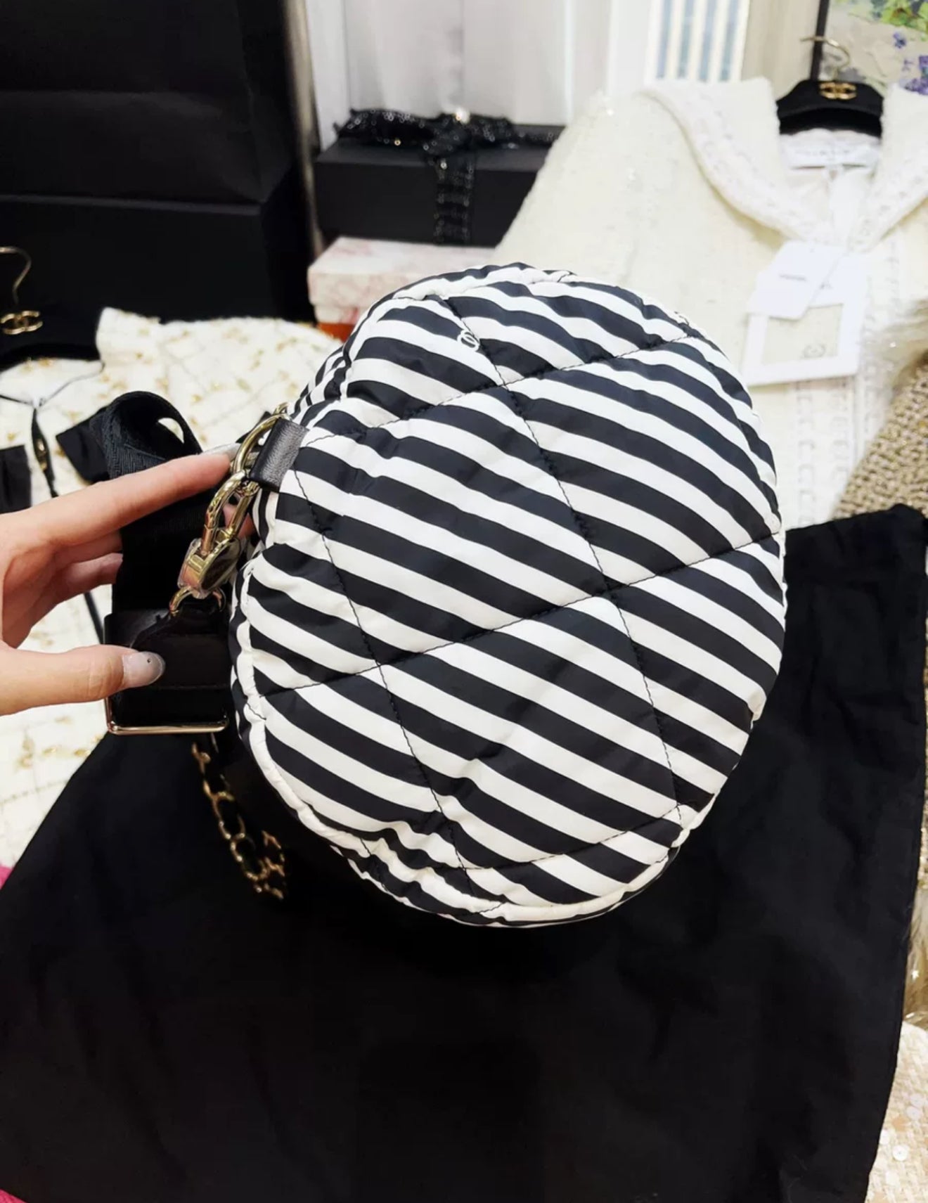 Chanel 24M coco beach black and white striped bowling bag