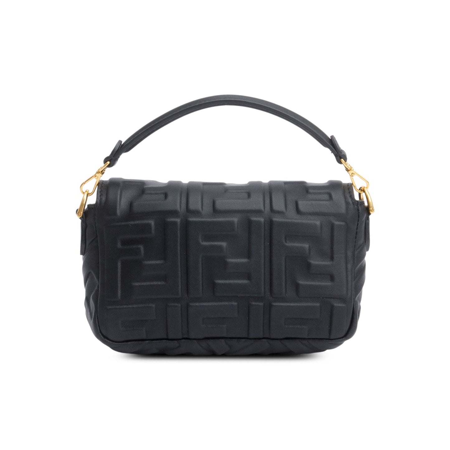 Fendi 2023 Black FF Embossed Nappa Leather Mini Be Baguette Chain Crossbody