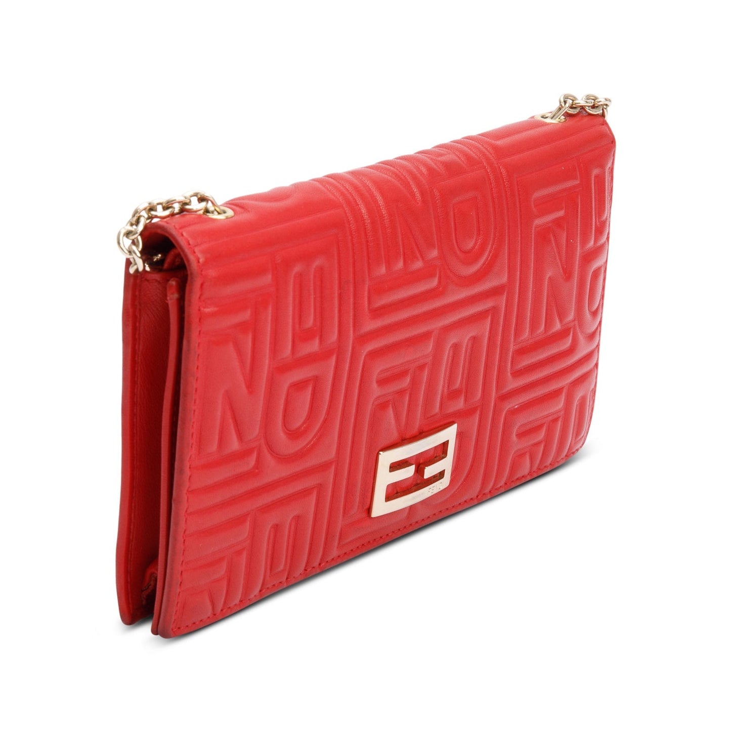 Fendi Red Logo Embossed Nappa Leather Chain Clutch Bag