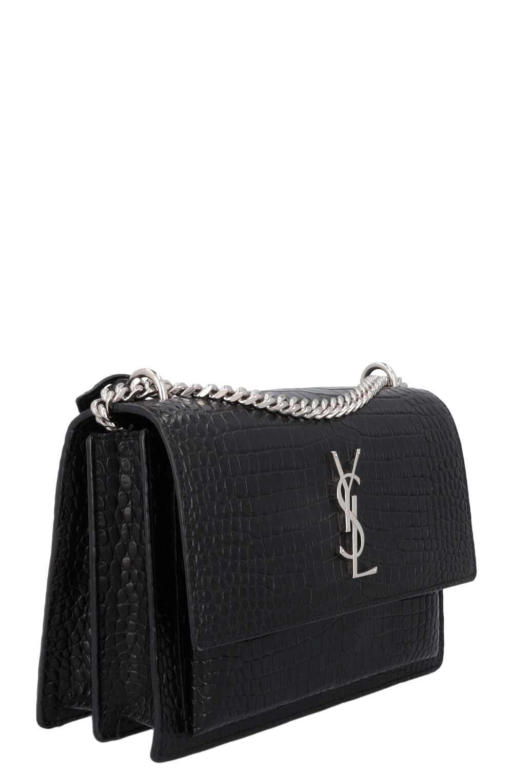 SAINT LAURENT Small Croc Embossed Sunset Bag Black