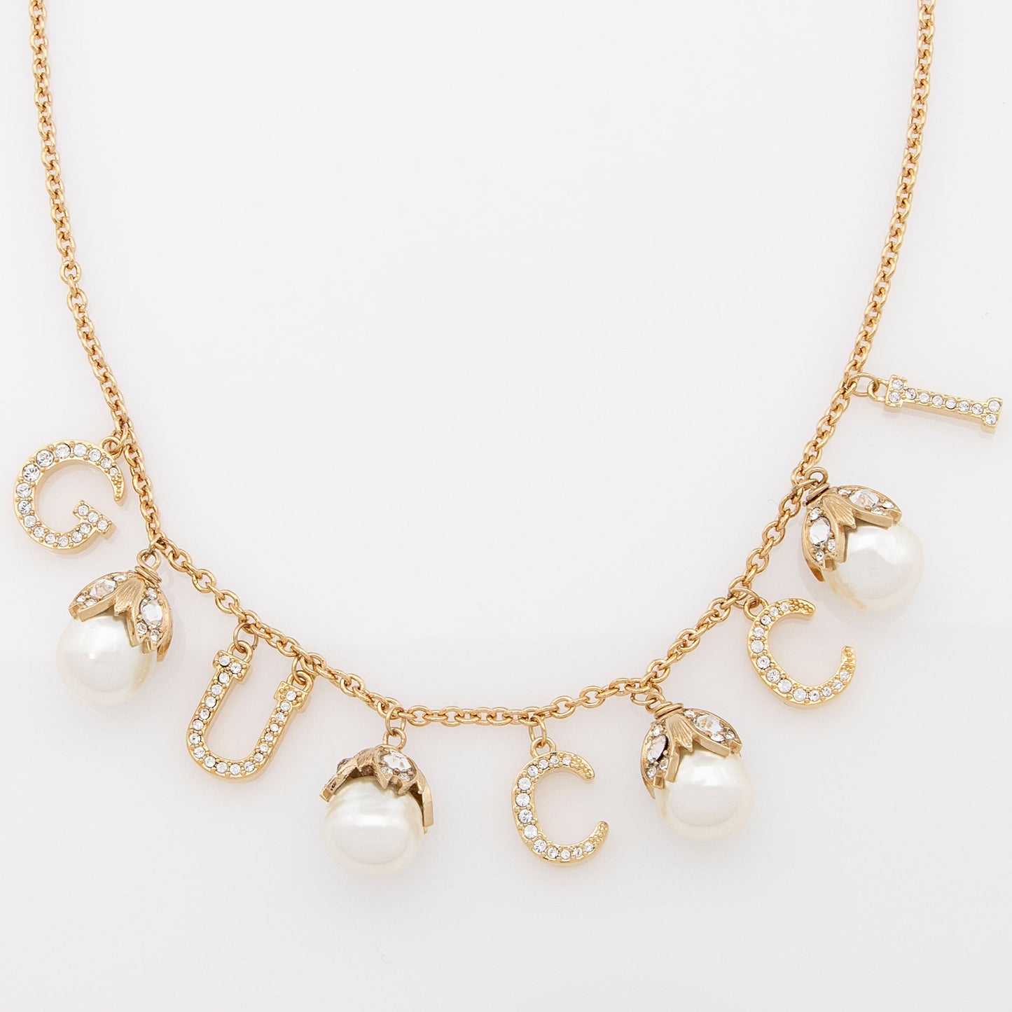 Gucci Pearl Crystal Script Necklace