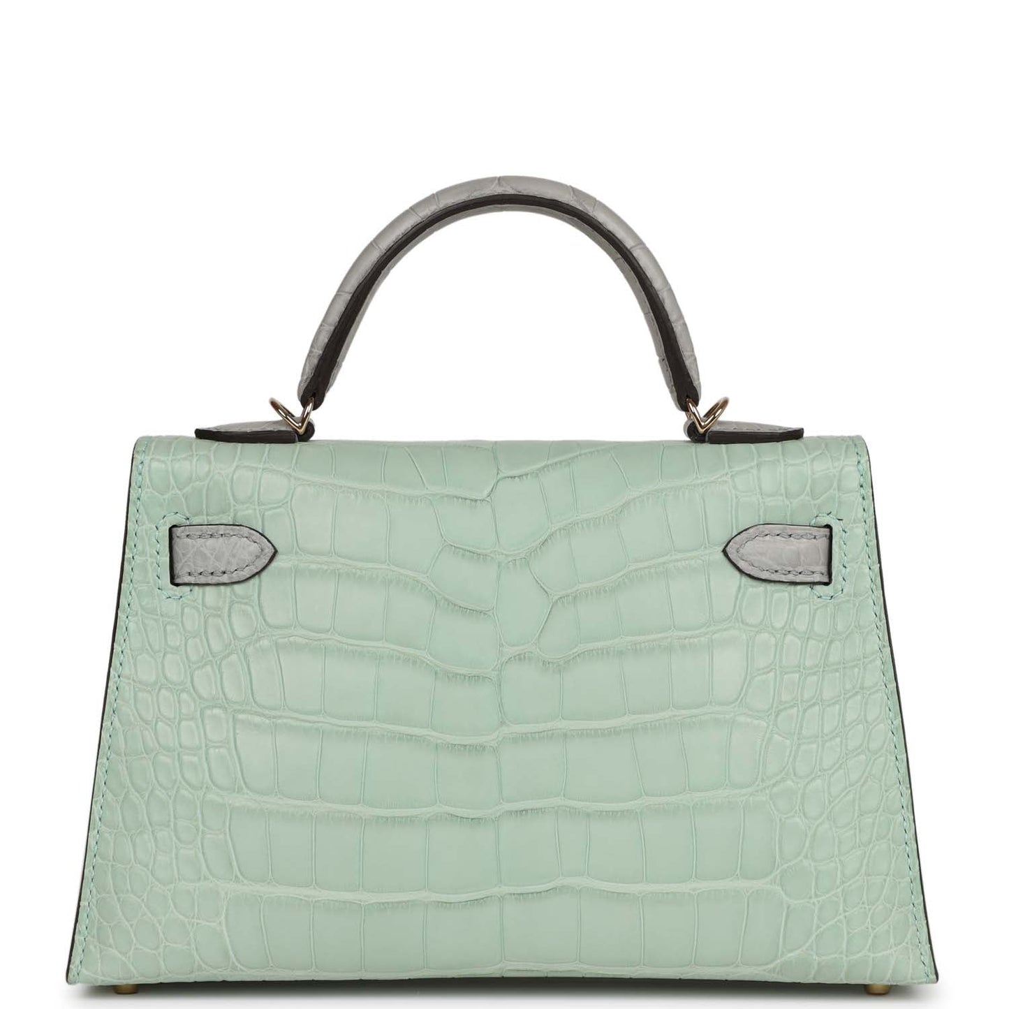 Hermes Special Order (HSS) Kelly 20 Sellier Vert D'Eau and Gris Perle Matte Alligator Permabrass Hardware