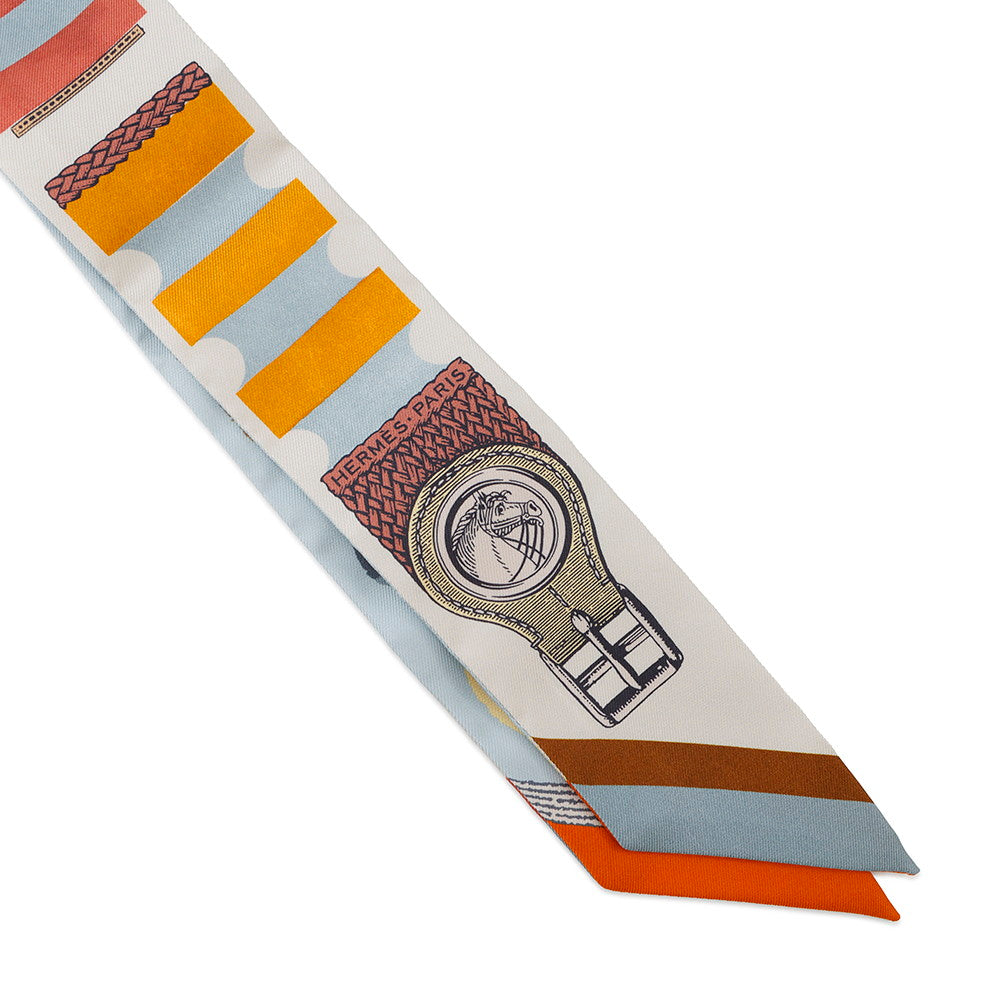 HERMES Twilly "Brid a Block/Poetic Catalog" Mastic/Blue/Saffron Silk