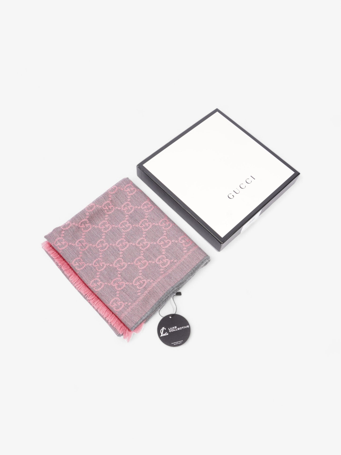 Gucci Jacquard GG Supreme Scarf Grey / Pink Wood 48cm x 180cm