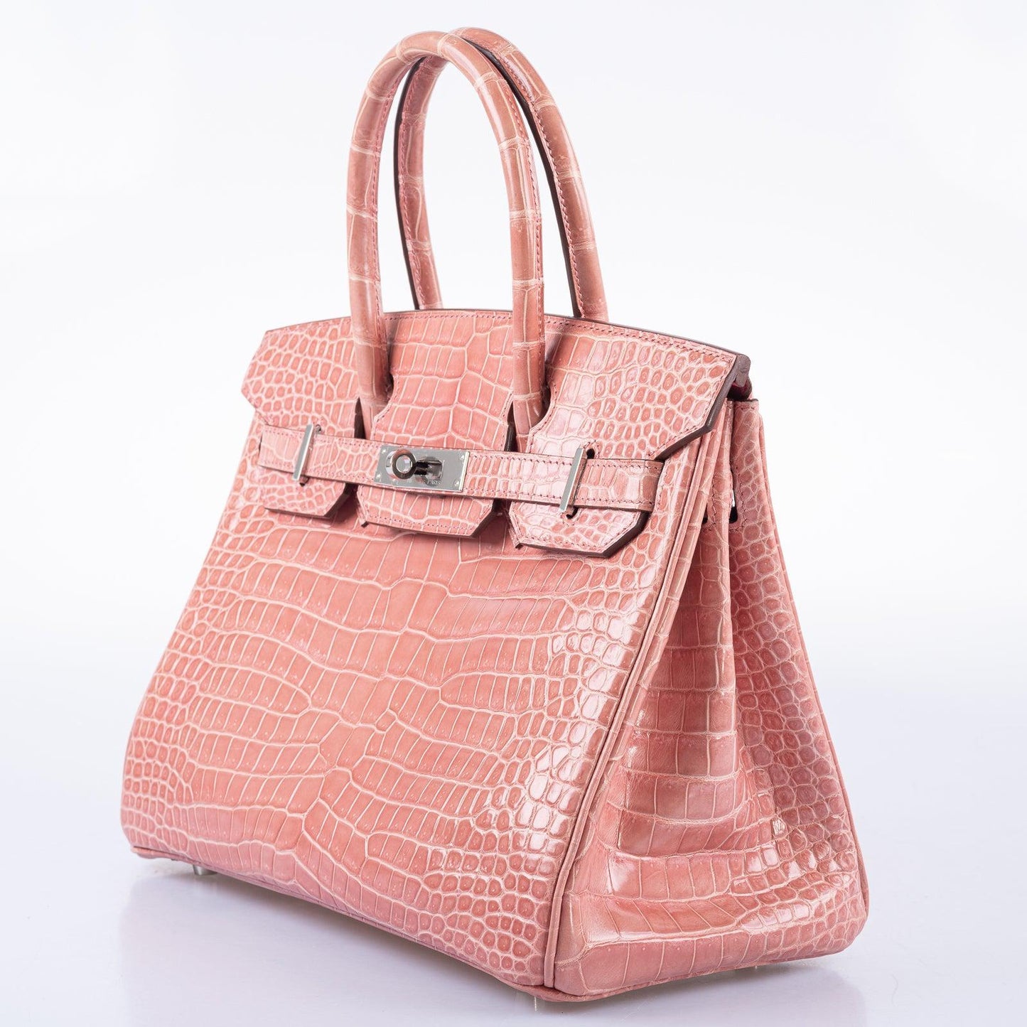 HermesBirkin 30 Rose Indiennes Shiny Porosus Crocodile Palladium Hardware
