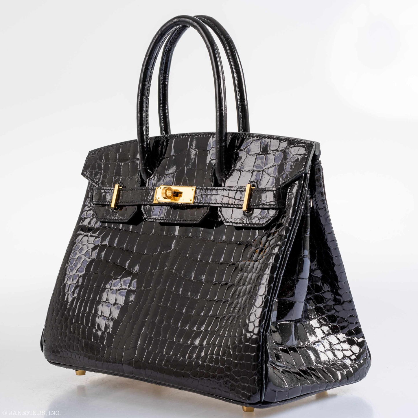 HermesBirkin 30 Shiny Black Porosus Crocodile Gold Hardware