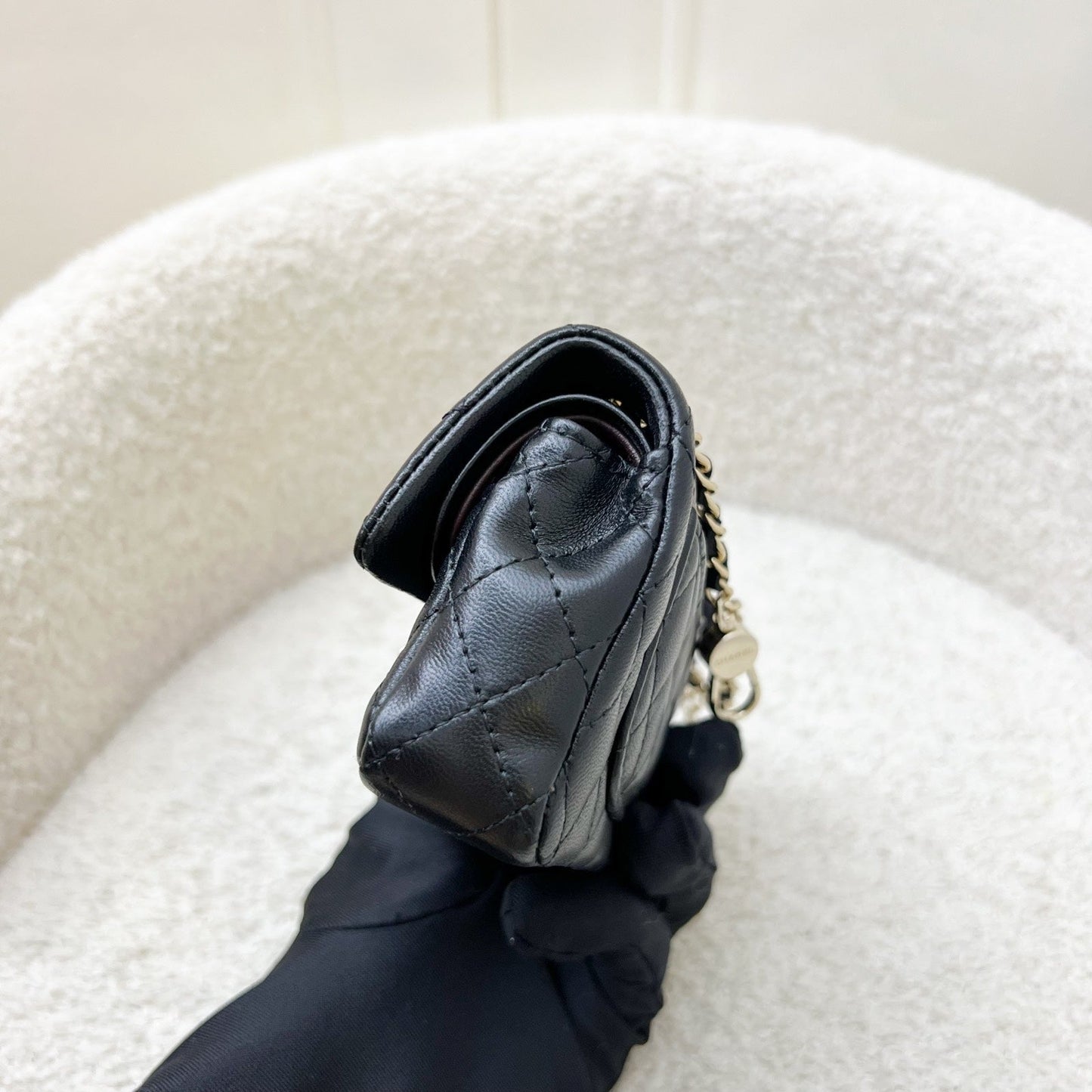 Chanel Classic Mini Bag with Hook Bag Charm with Pearls and Crystals in Black Lambskin and LGHW (Model: AP4760)