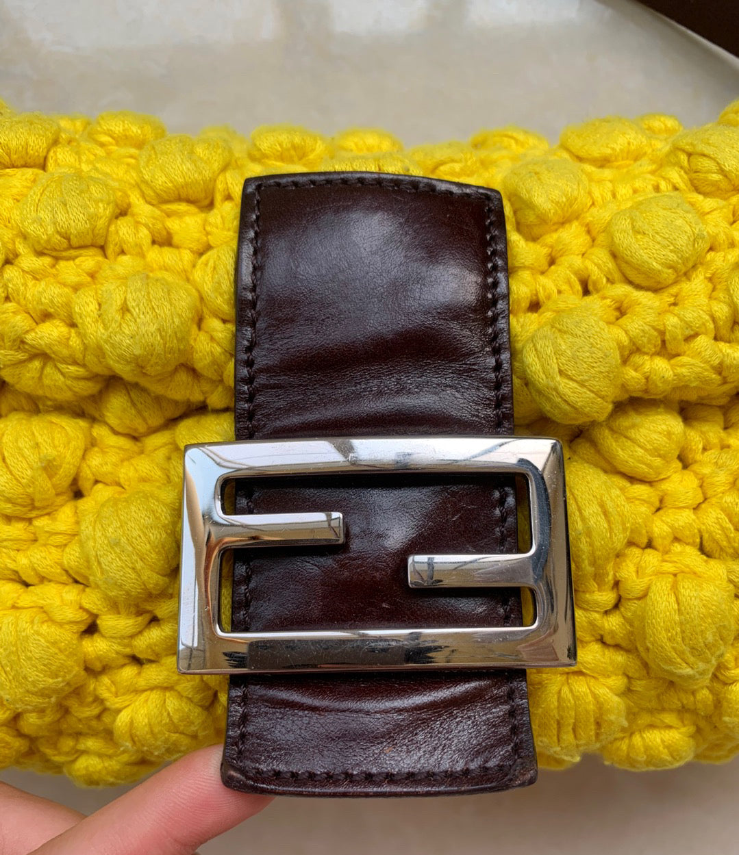 Fendi Baguette Bag Yellow Wool Pompom Shoulder Bag