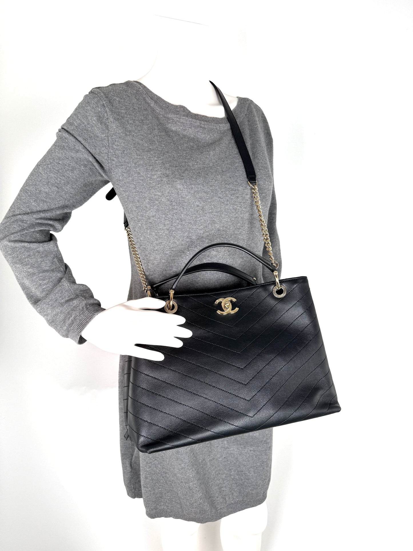 CHANEL Large Chevron Stitched Chic Shopping Black Calfskin Leather Tote Bag