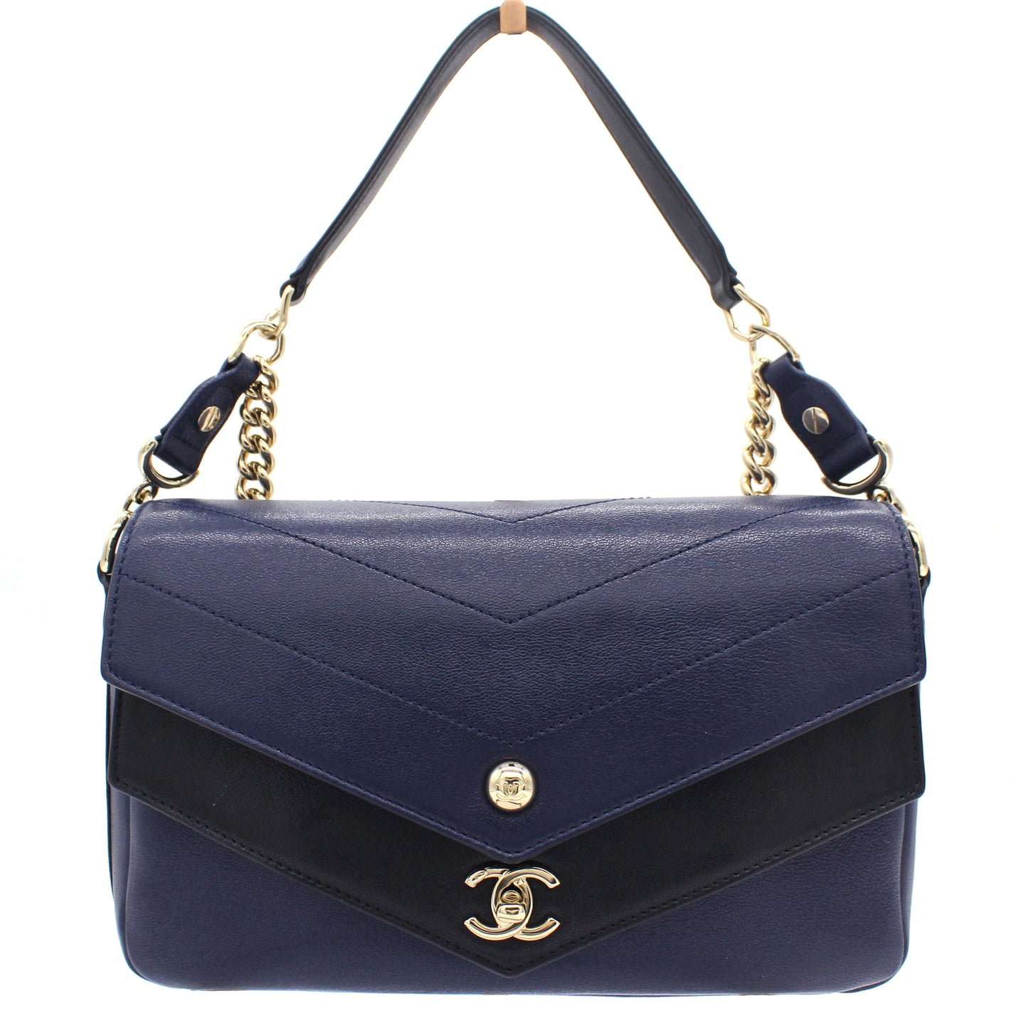 Chanel CC Envelope Flap Crossbody Chevron Calfskin Small Navy Black
