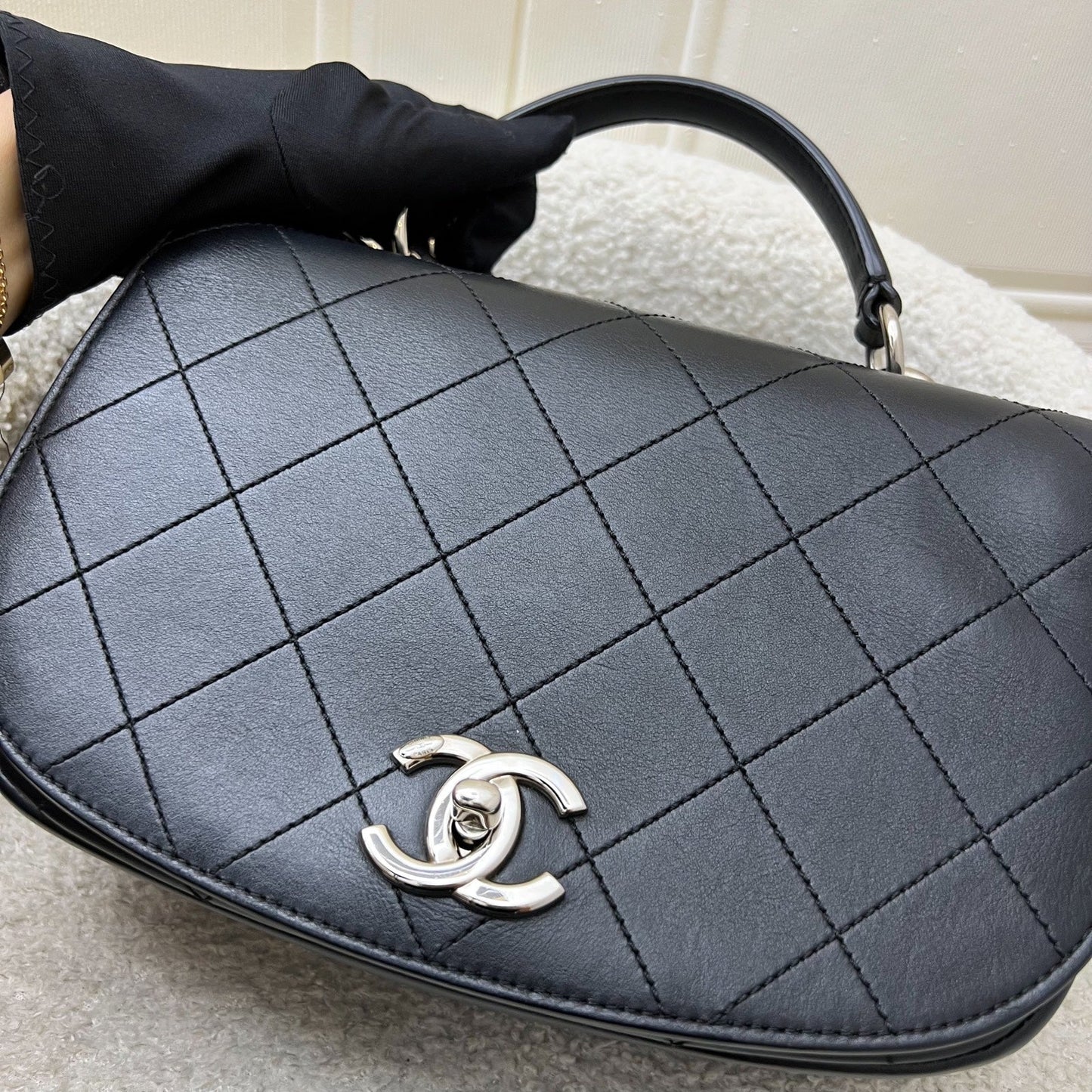 Chanel Seasonal Medium Top Handle Full Flap Bag with Chain Strap in Black Calfskin and SHW