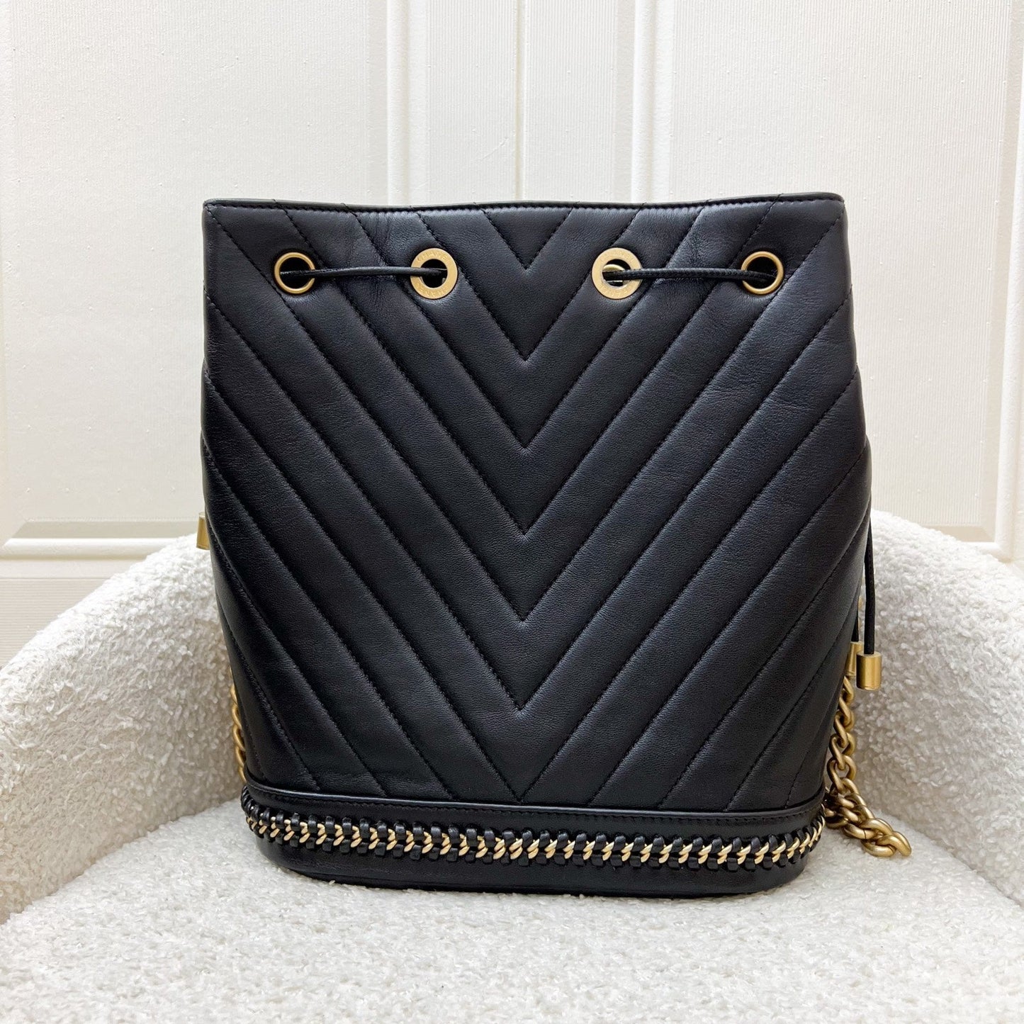 Chanel Chain Around Bucket Bag in Black Chevron Calfskin and AGHW
