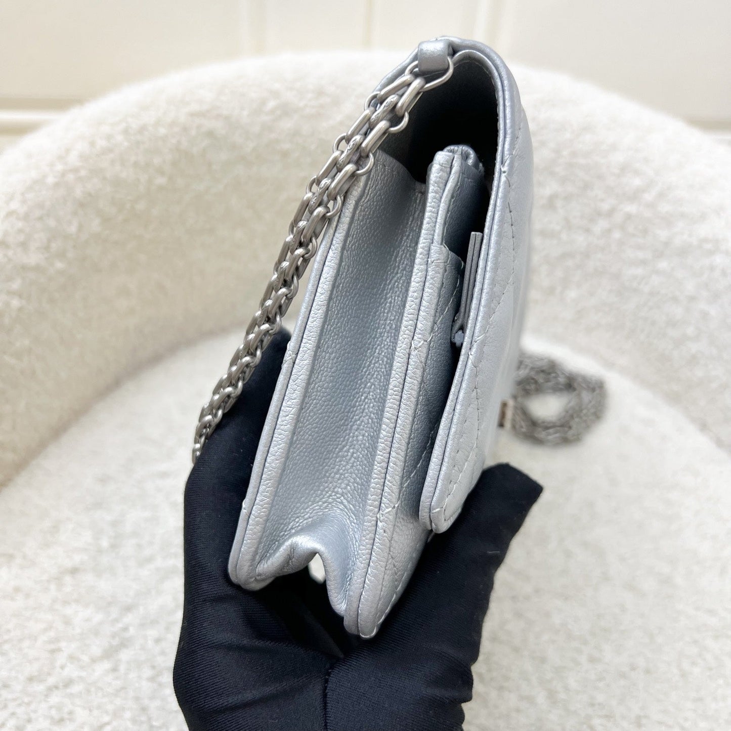 Chanel Reissue Wallet on Chain WOC in Metallic Silver Calfskin and SHW Crossbody