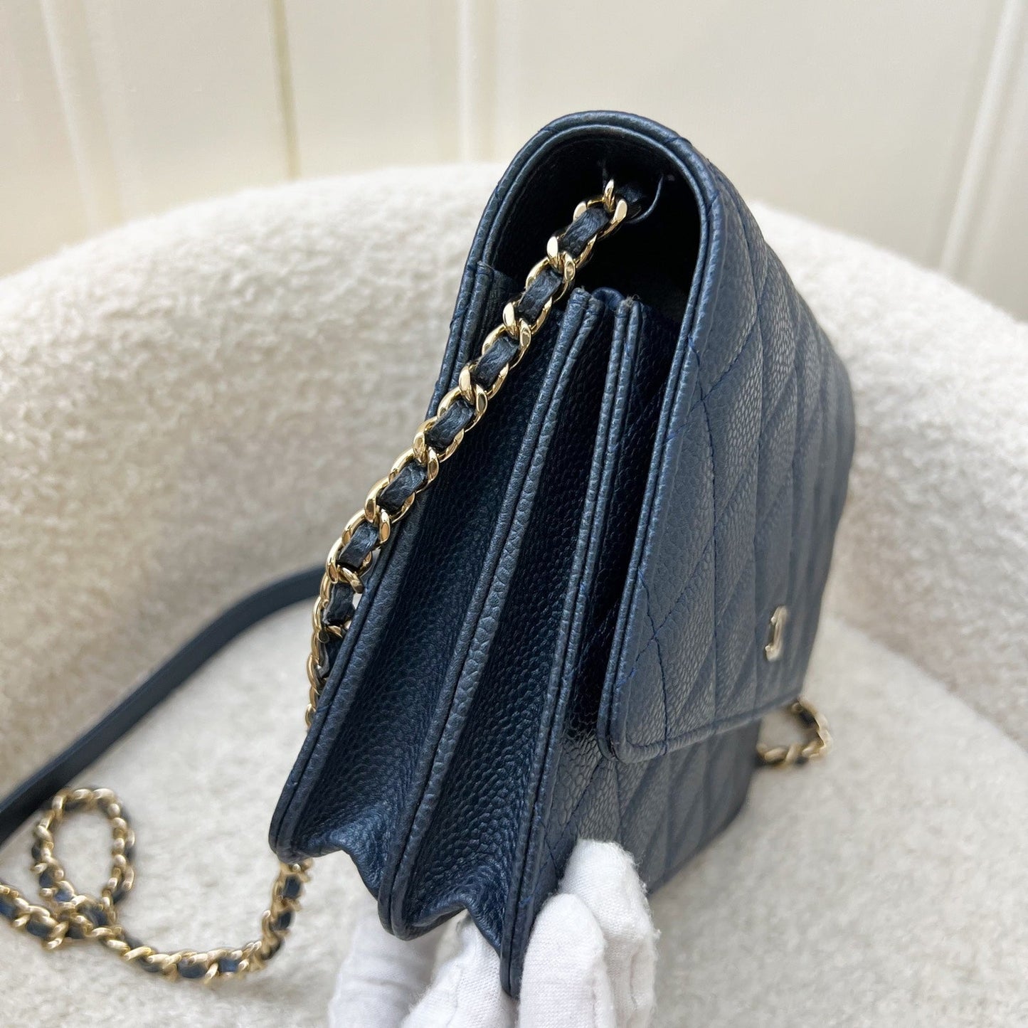 Chanel Square Wallet on Chain WOC in Metallic Blue Caviar and LGHW (Model: A84310) Crossbody