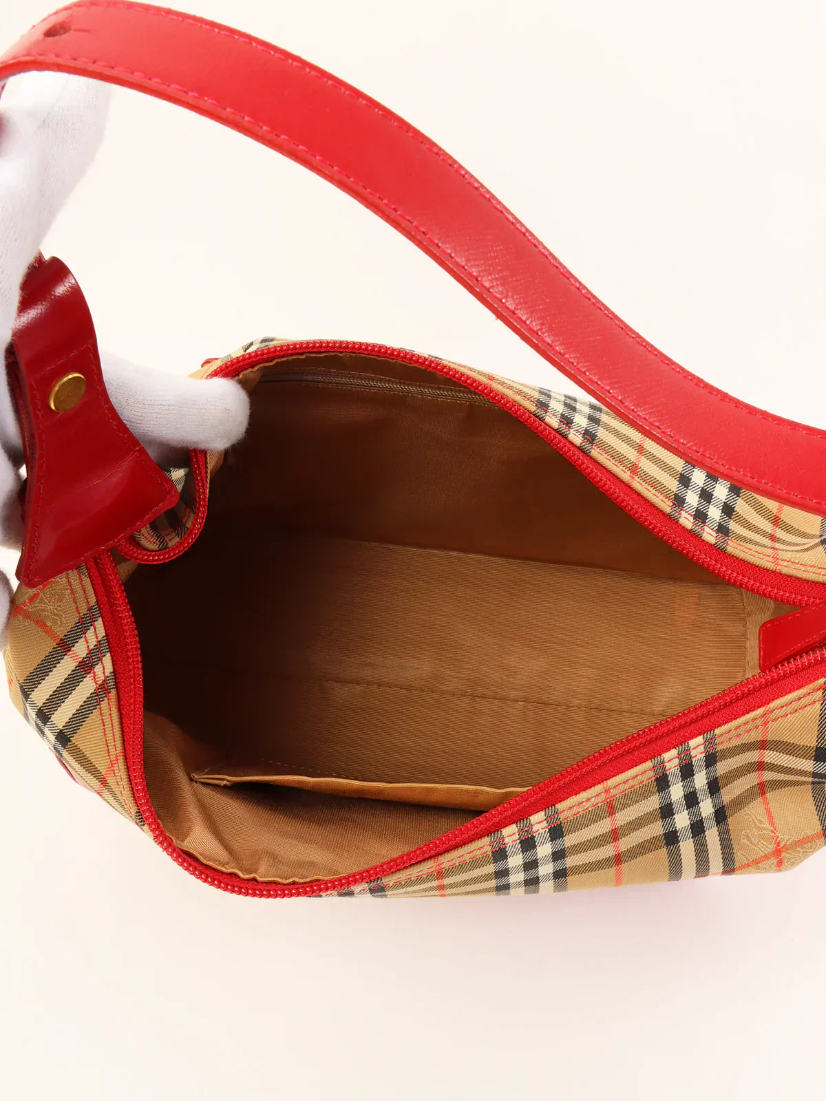 Luxury Burberry Nova Check Pattern Logo Charm Handle Bag Red/Beige