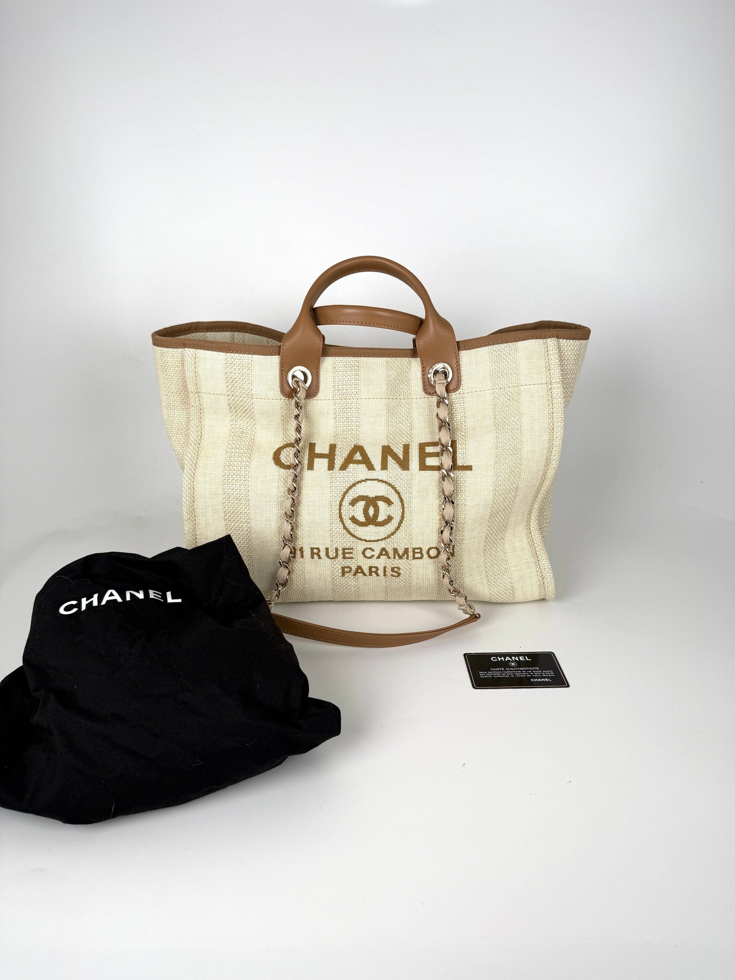 CHANEL Deauville Striped Medium Straw Raffia Beige Tan Shopping Tote