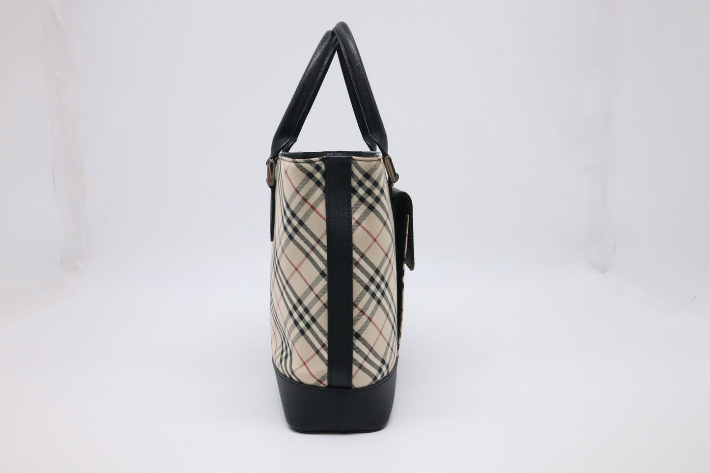 Burberry Handbag in Black Leather & Cream Checked Canvas