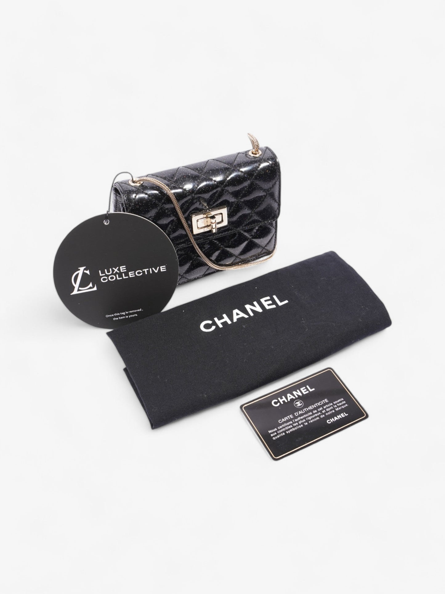 Chanel 2.55 Black Glitter Patent Leather Mini