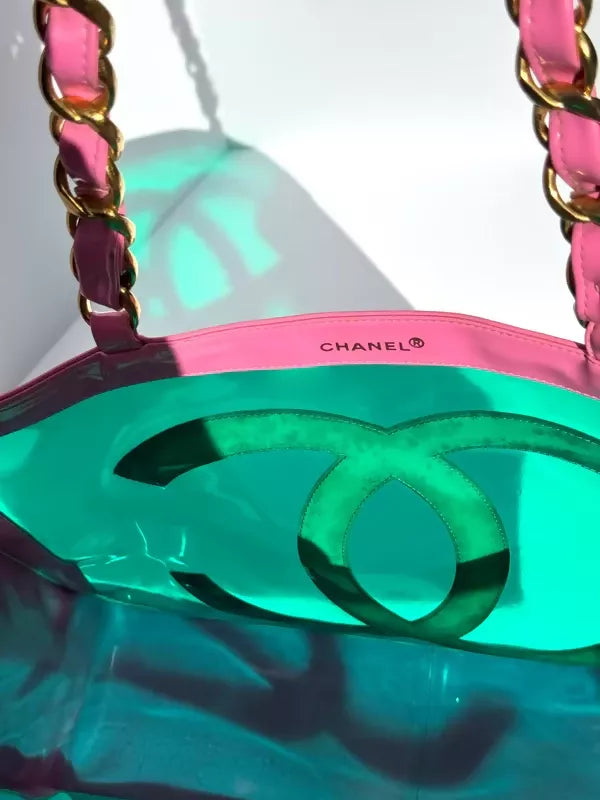Chanel 1995 Barbie Pink Patent PVC Chunky Chain Tote Bag