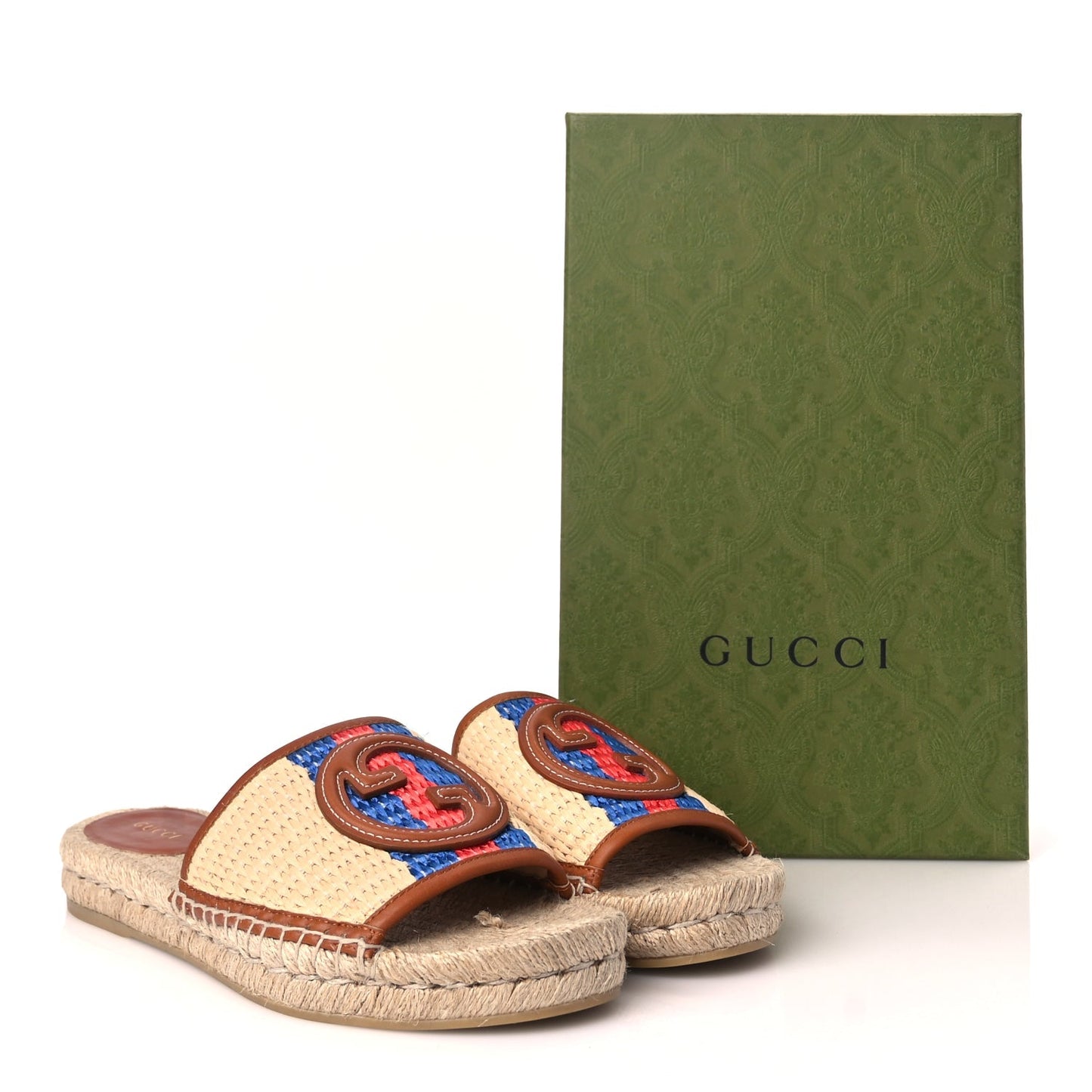 Gucci Raffia Interlocking G Flat Slide Espadrille Sandals 38.5 Harness Brown