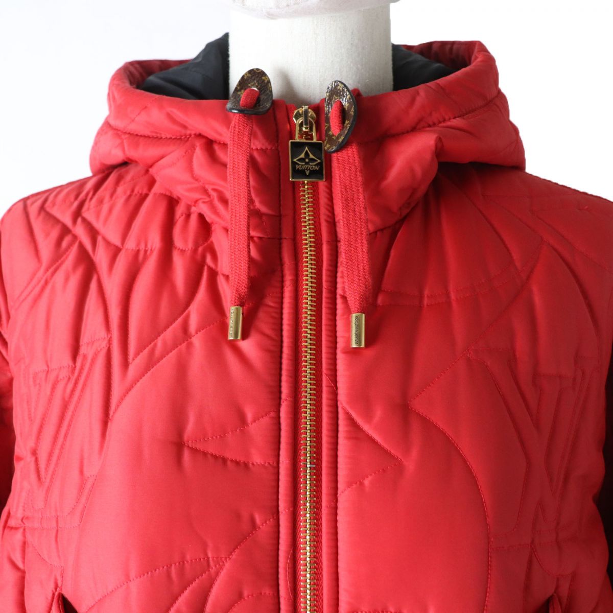 LOUIS VUITTON Hoodie Outer: 70% nylon, Outer: 30% polyester, Lining: 100% nylon, Filling: 100% polyester, Rib part: 84% wool, 15% nylon, 1% polyurethane, Synthetic leather part: 100% polyester Red Women 36