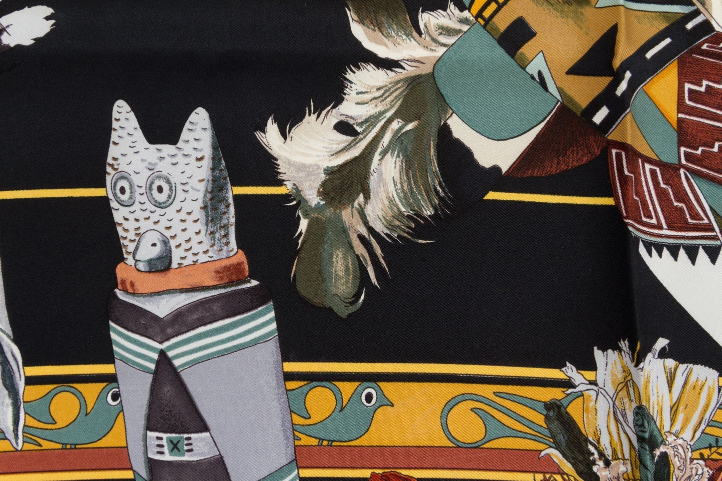 Hermes Black Silk Kachinas Scarf