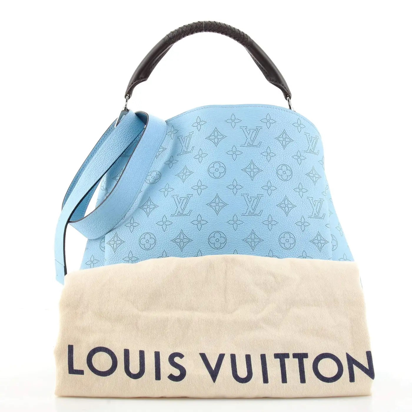 LOUIS VUITTON MONOGRAM MAHINA LEATHER BABYLONE PM BAG IN ICE BLUE