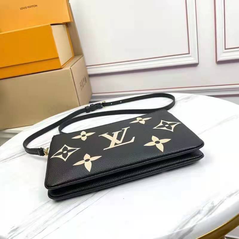 Louis Vuitton LV Unisex Double Zip Pochette Black Beige Embossed Supple Grained Cowhide Leather Clutch