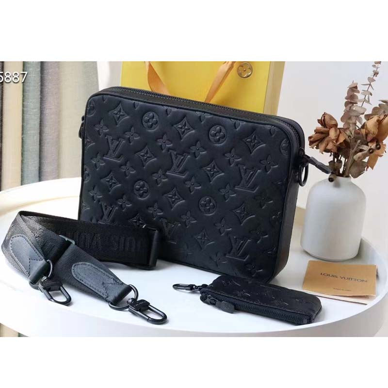 Louis Vuitton LV Unisex Duo Messenger Black Monogram Shadow Calf Leather Handbag