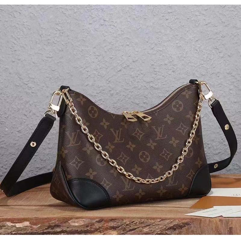 Louis Vuitton LV Women Boulogne Handbag Black Brown Monogram Coated Canvas
