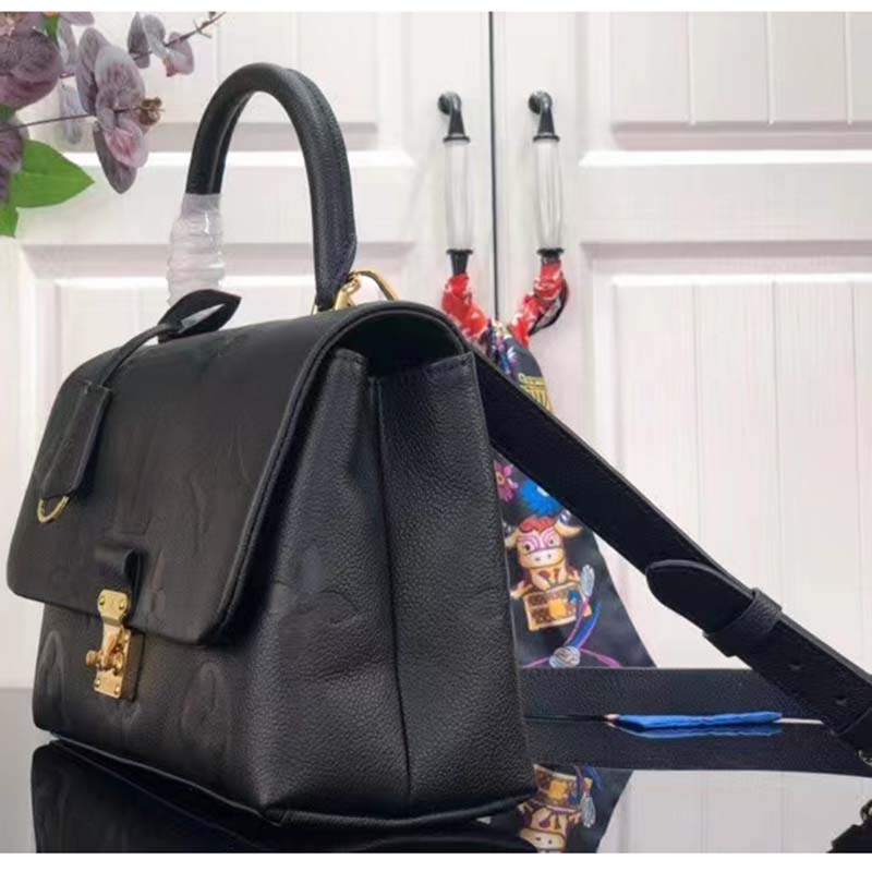 Louis Vuitton LV Women Madeleine MM Handbag Black Embossed Grained Cowhide Leather