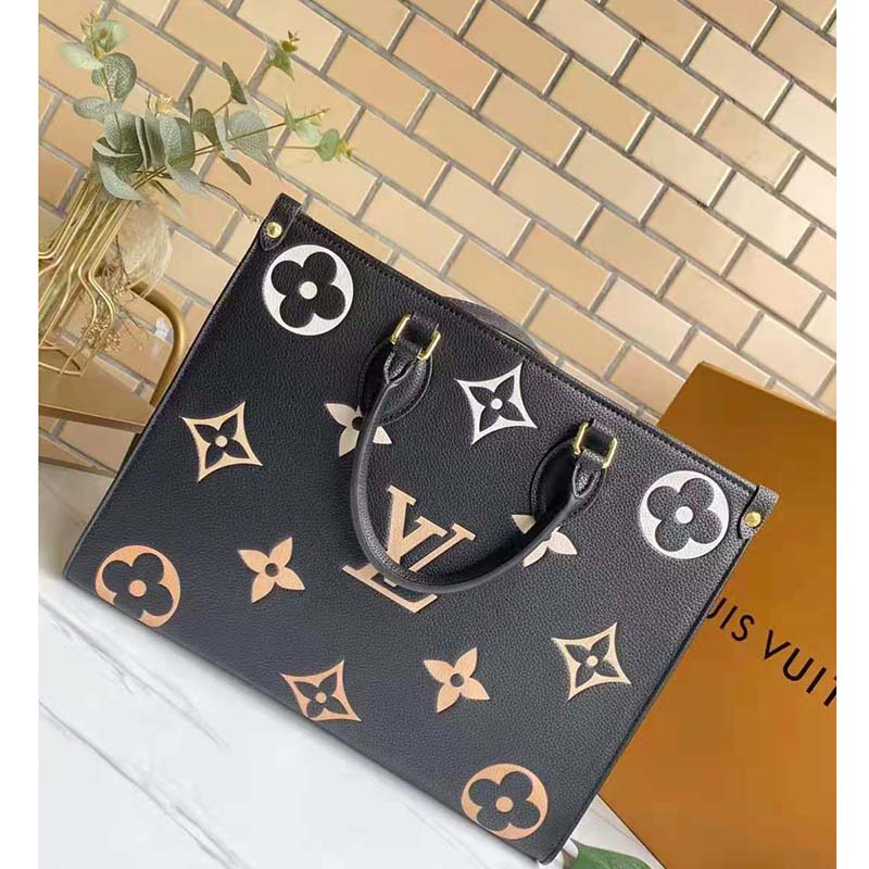 Louis Vuitton LV Women OnTheGo MM Black Beige Embossed Grained Cowhide Leather Tote