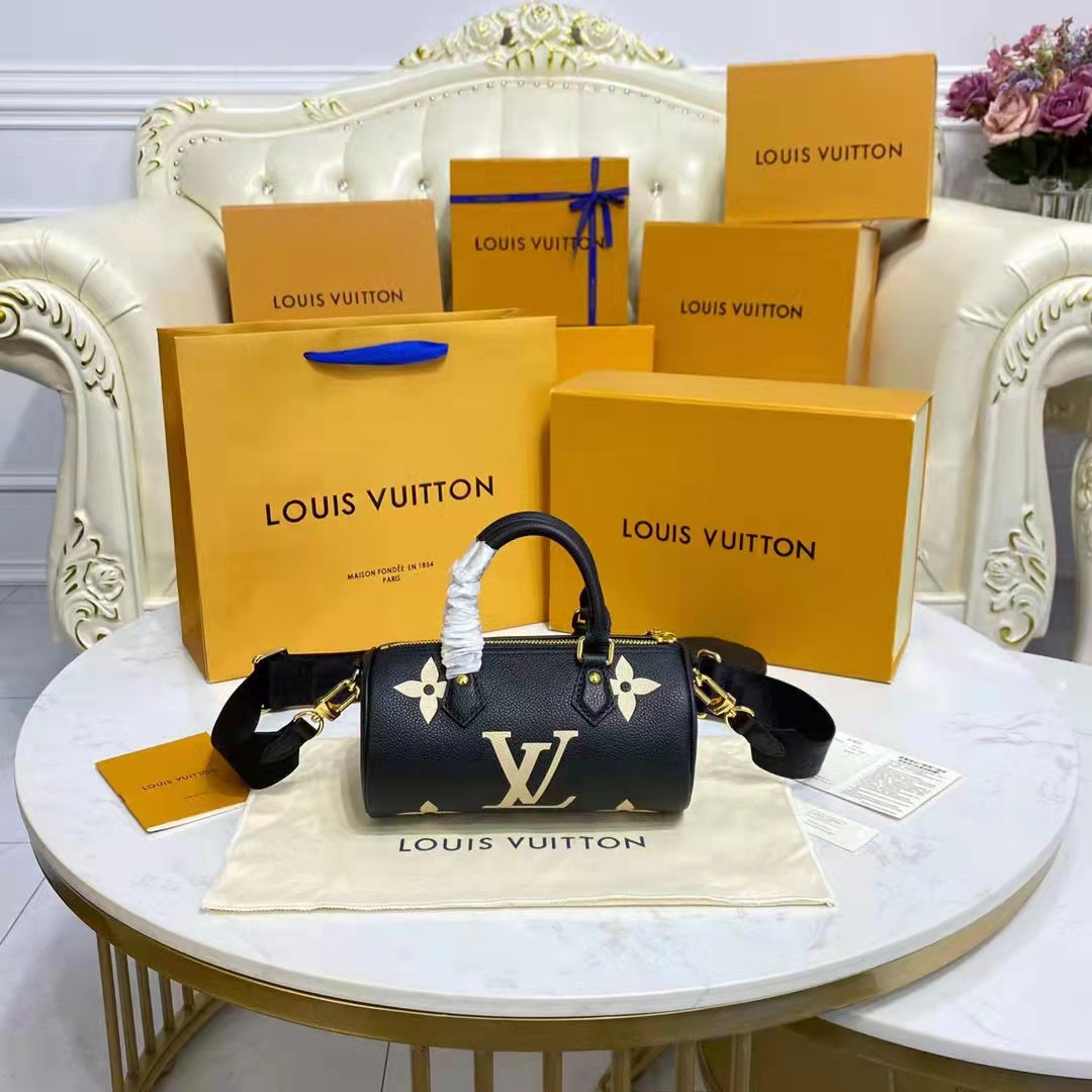 Louis Vuitton Women Papillon BB Black Beige Embossed Supple Grained Cowhide Leather Handbag