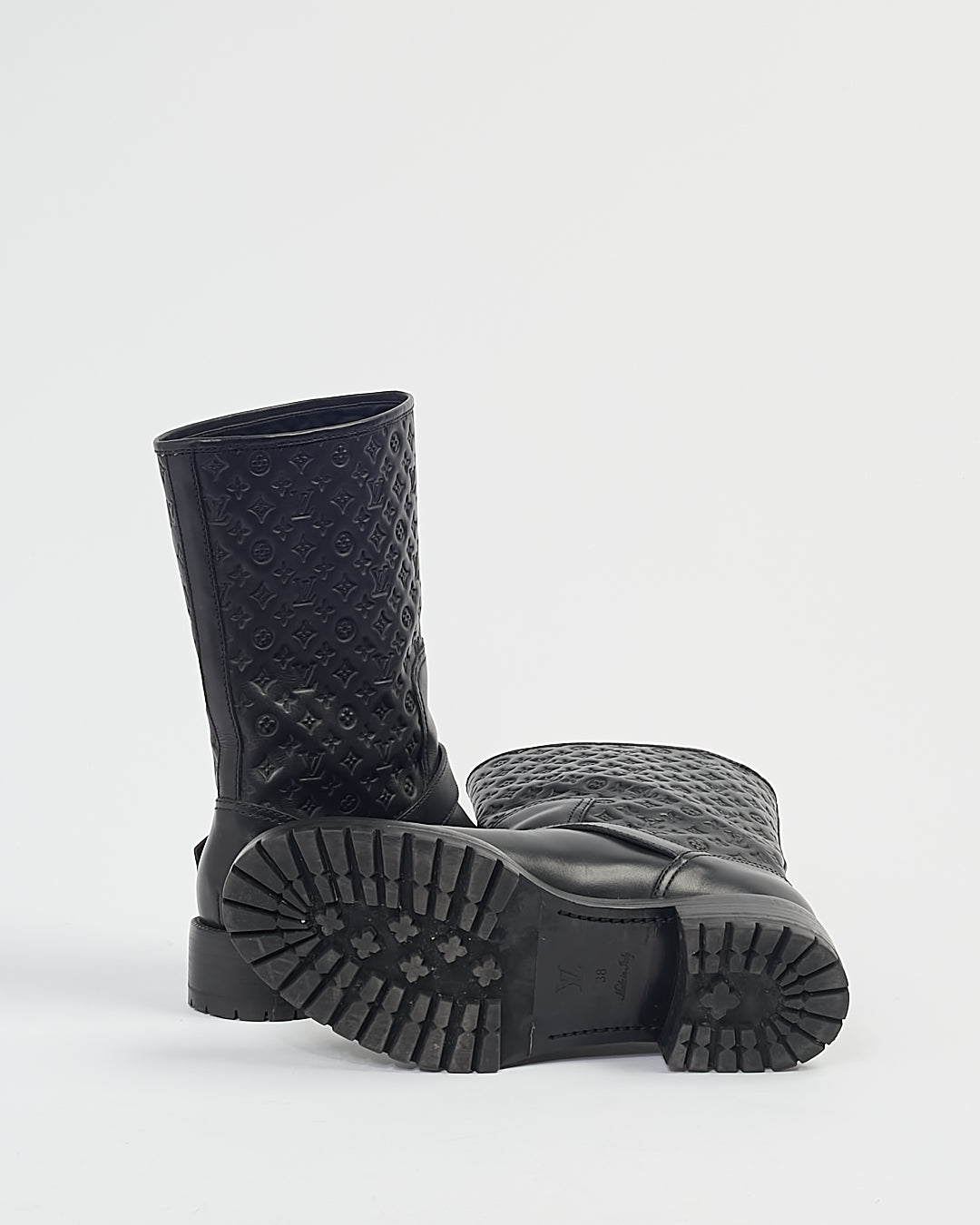 Louis Vuitton Black Smooth Leather Monogram Buckle Boots - 8