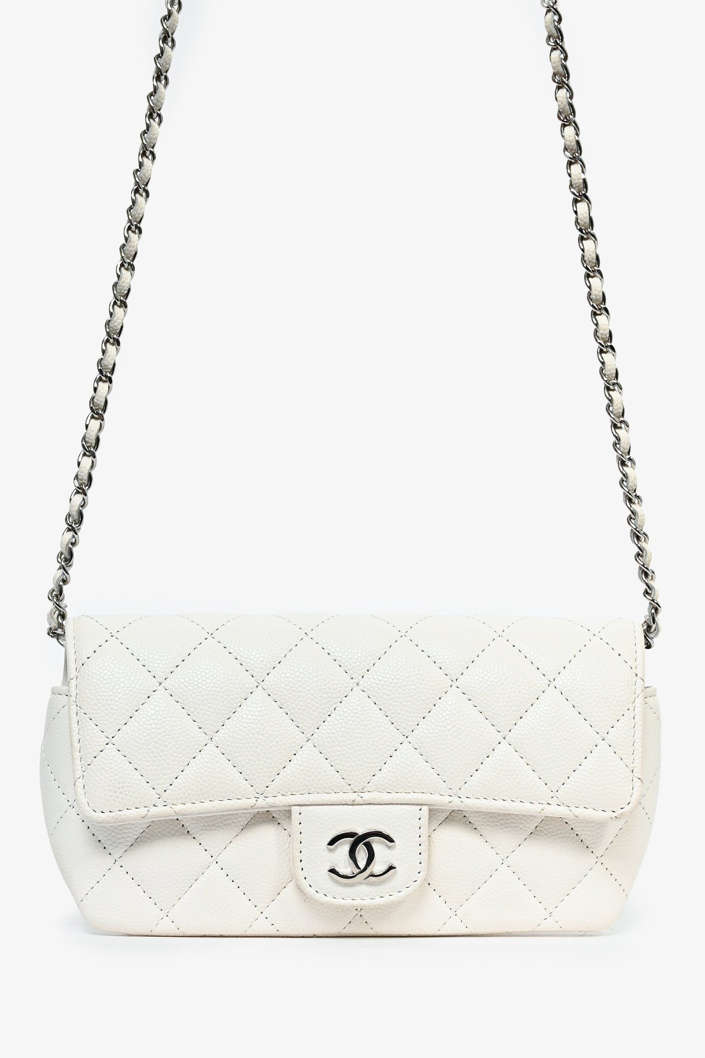 Chanel™ 2021 White Caviar Leather Sunglass Case with Chain Handbag