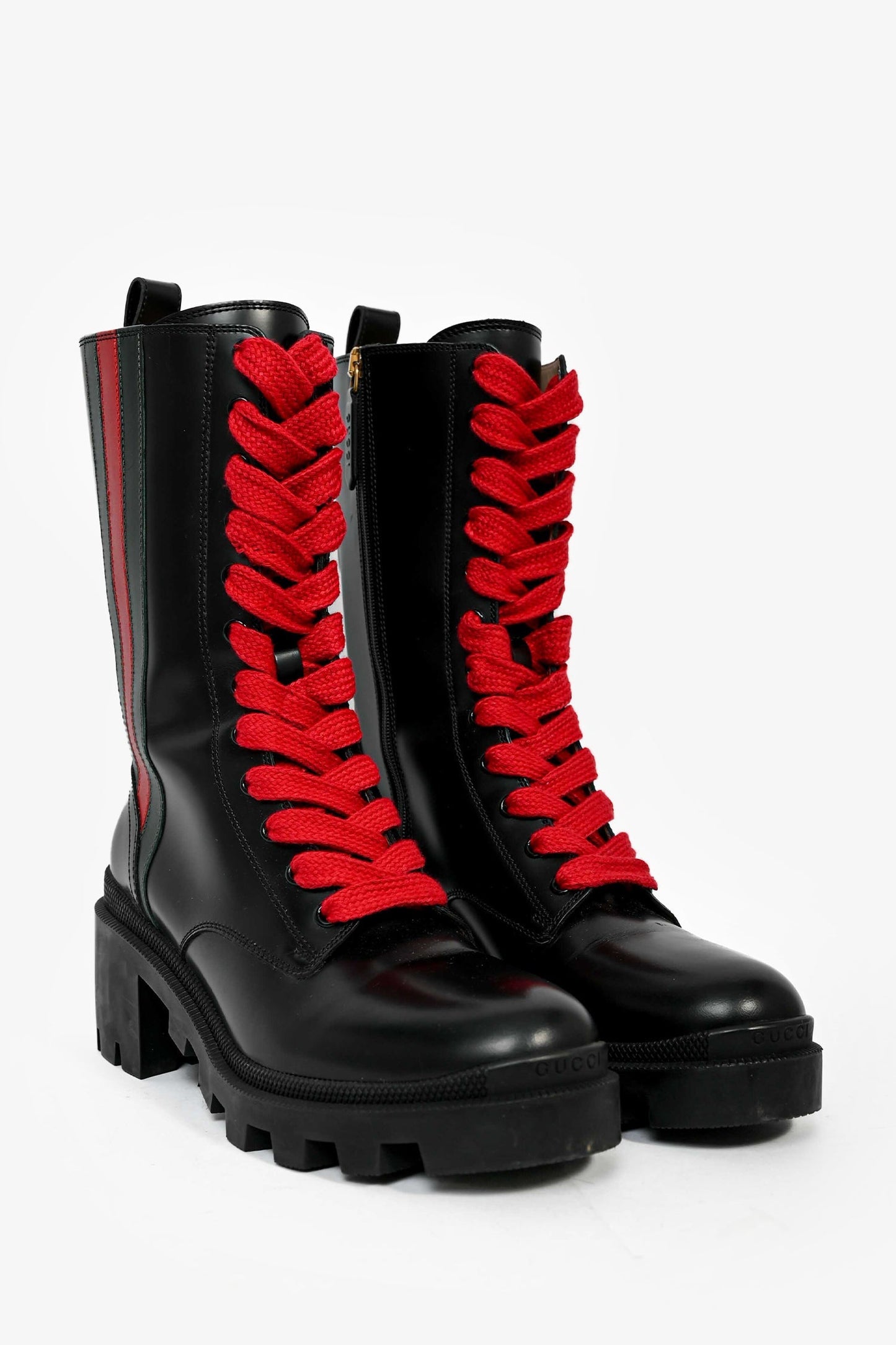 Gucci Black Leather Web Striped Heeled Combat Boots Size 38