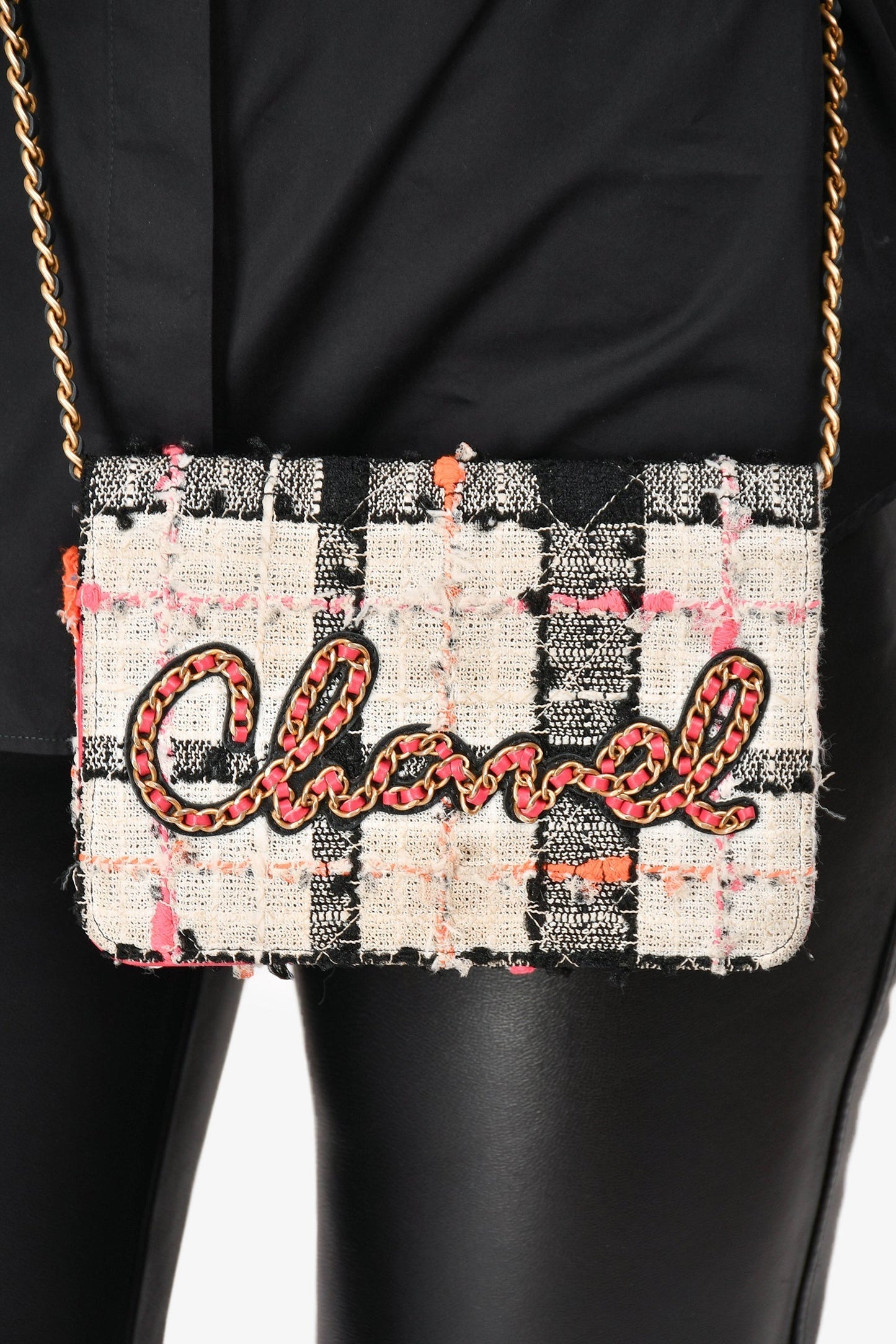 Chanel™ 2019 Pink/Black/Cream Tweed Wallet On Chain Crossbody