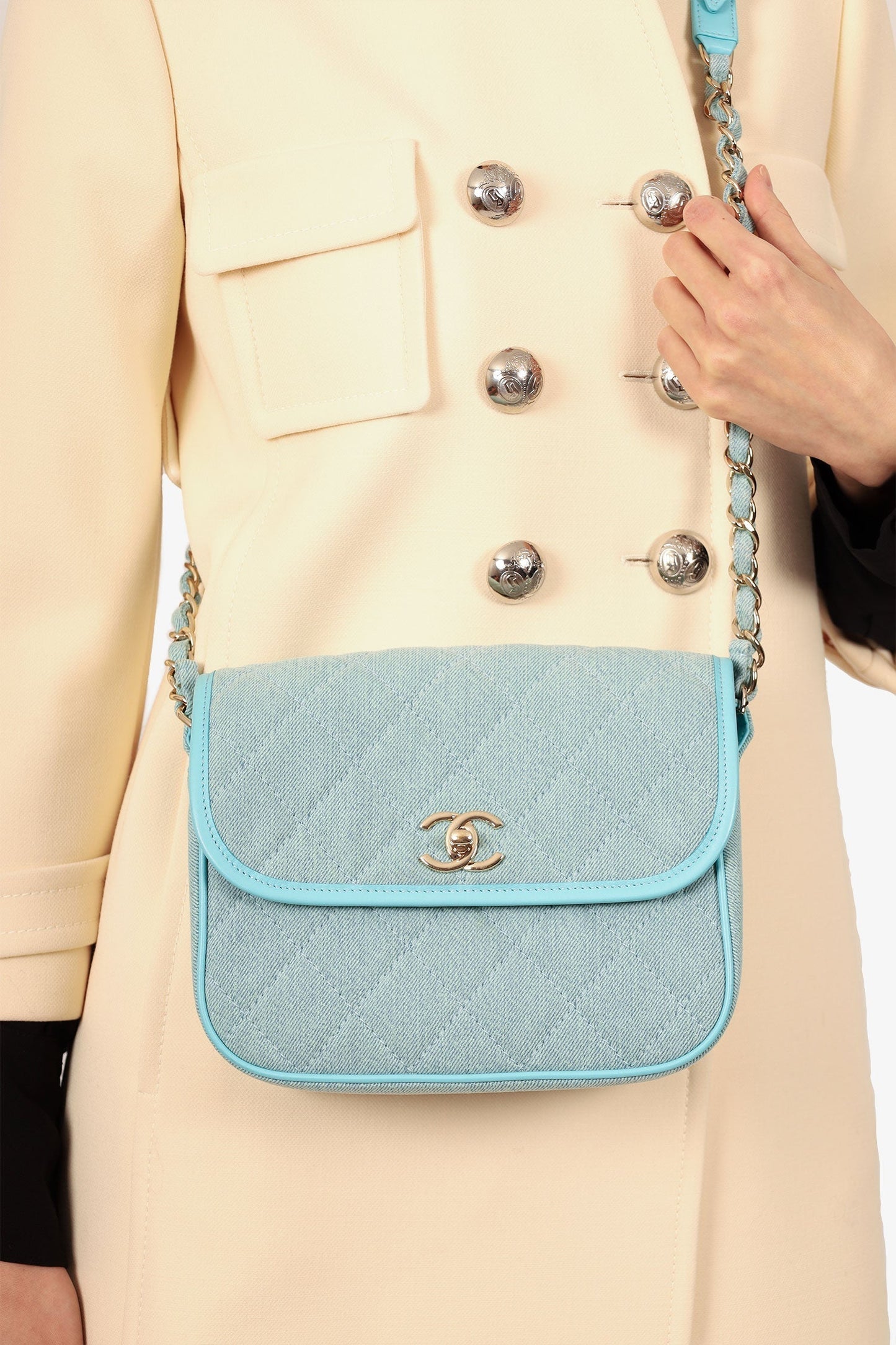 Chanel™ 2021 Blue Quilted CC Small Messenger Flap Bag