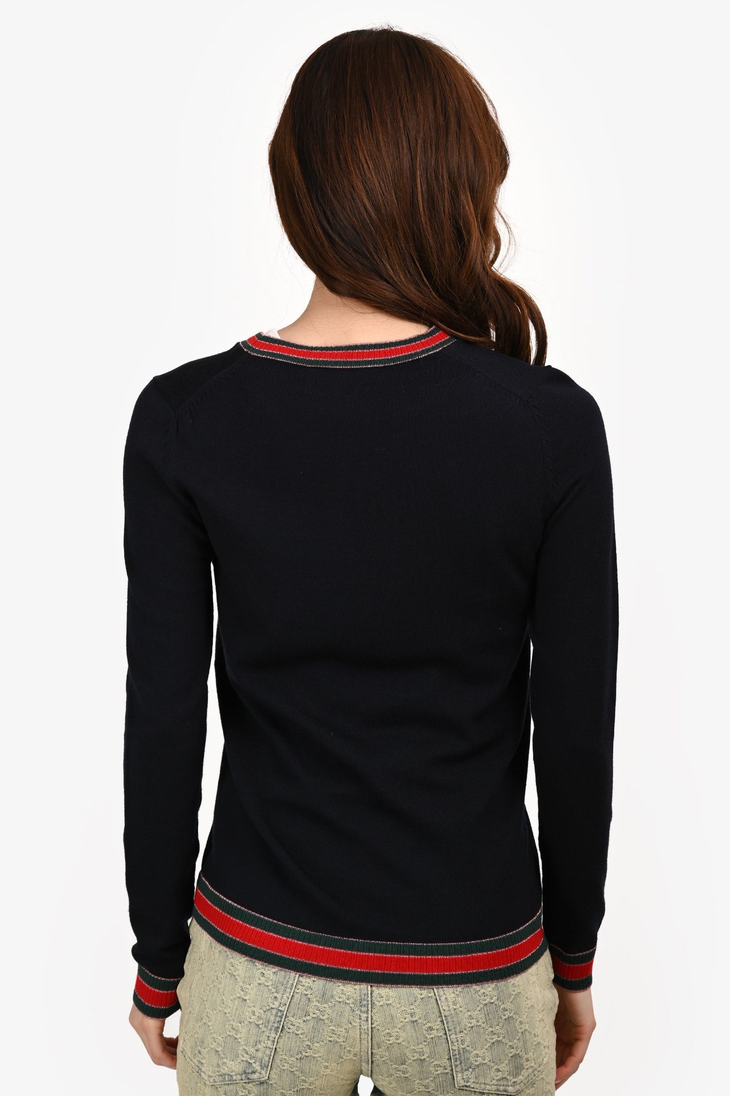 Gucci Navy Blue Wool Glitter Web Trim Sweater Size M