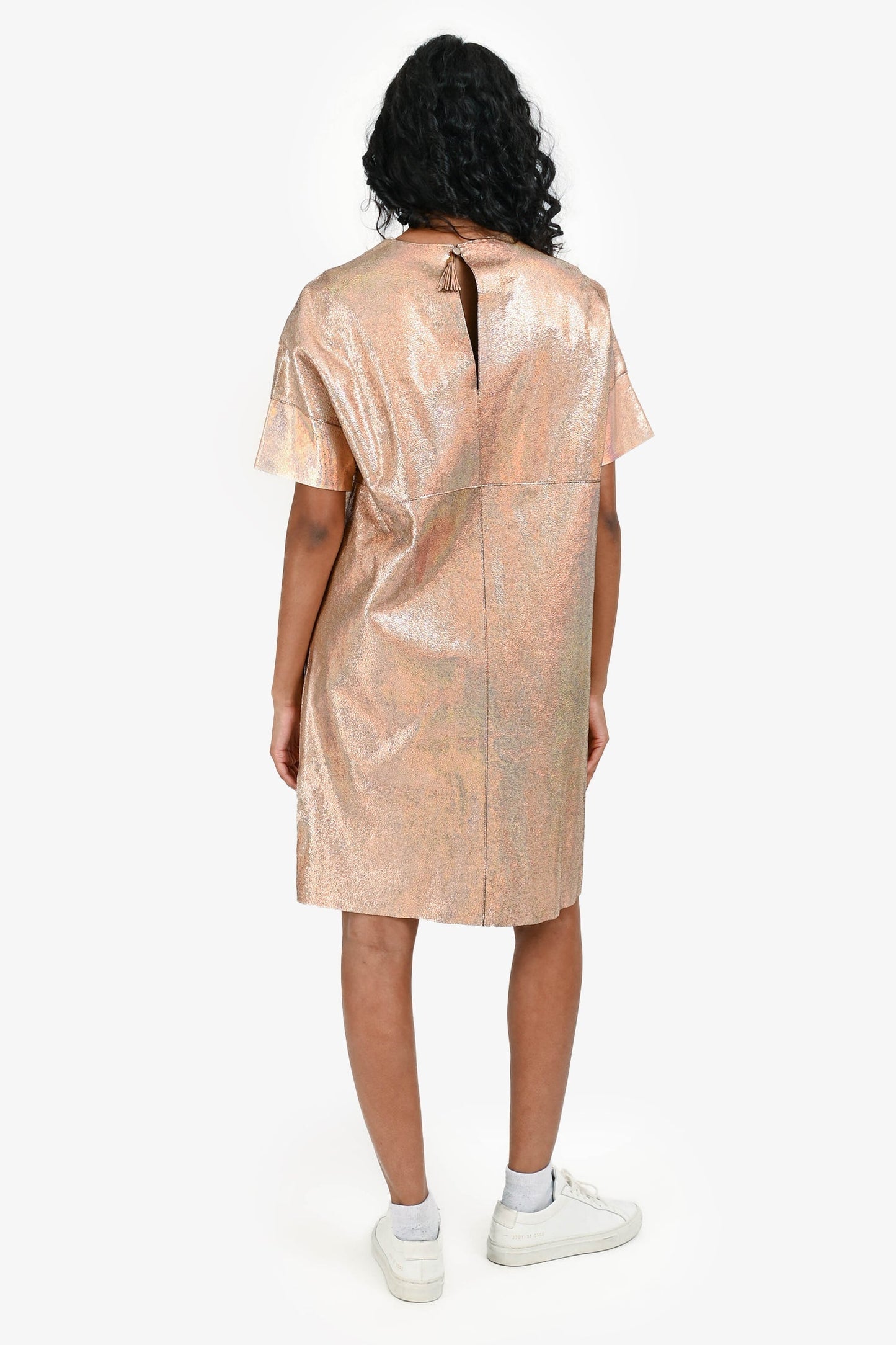 Gucci Pink Iridescent Leather Short Sleeves Shift Dress Size 38