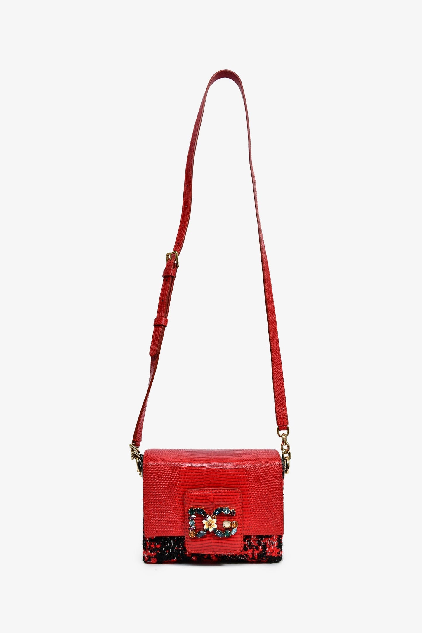 Dolce & Gabbana Red Embossed Leather Tweed Crystal DG Mini Crossbody Bag