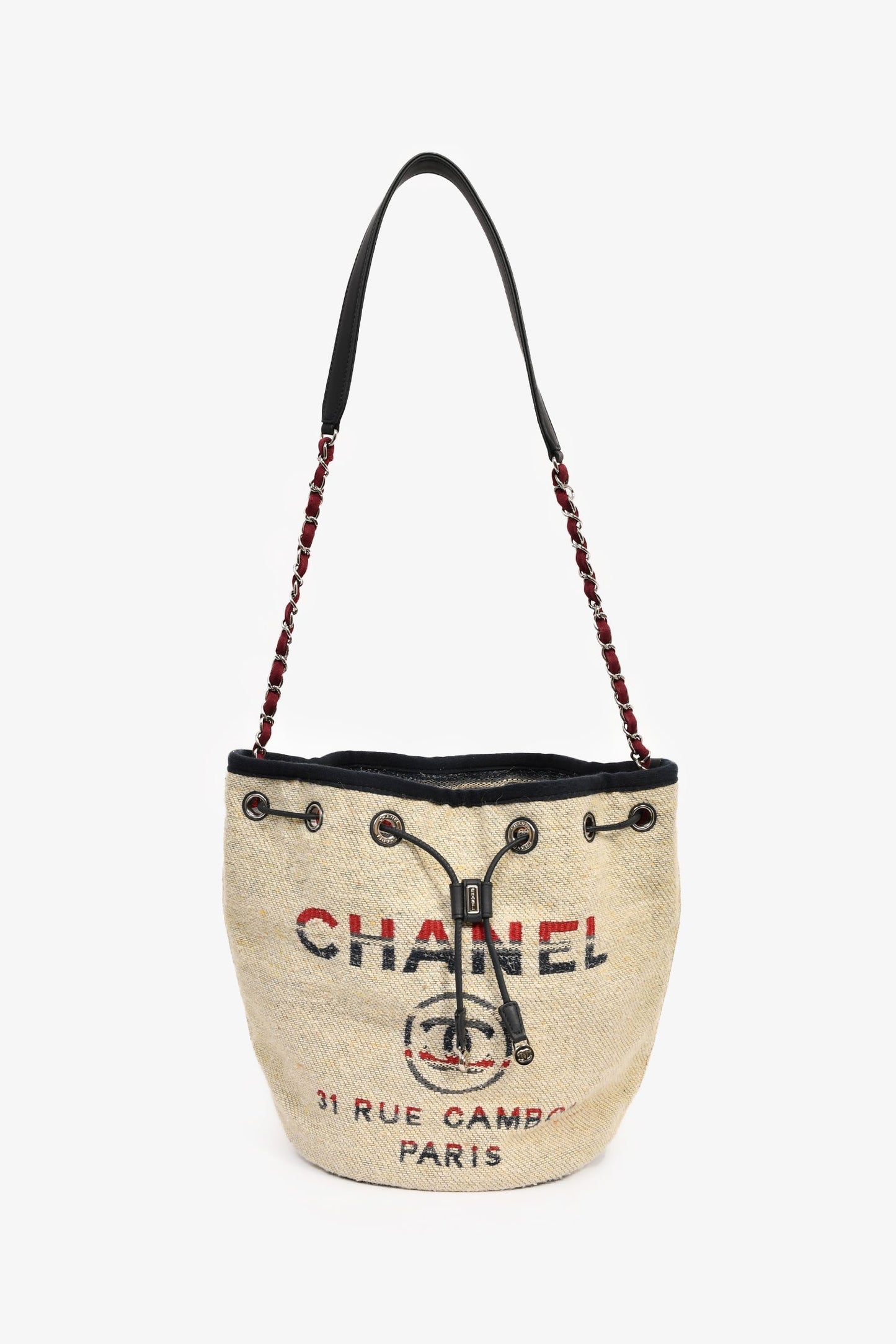 Chanel™ 2018-19 Beige Cloth Deauville Logo Bucket Shoulder Bag