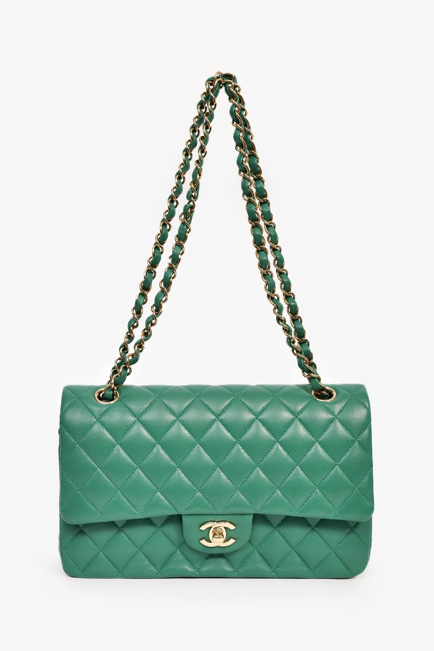 Chanel™ 2022 Dark Green Lambskin Medium Classic Double Flap Shoulder Bag
