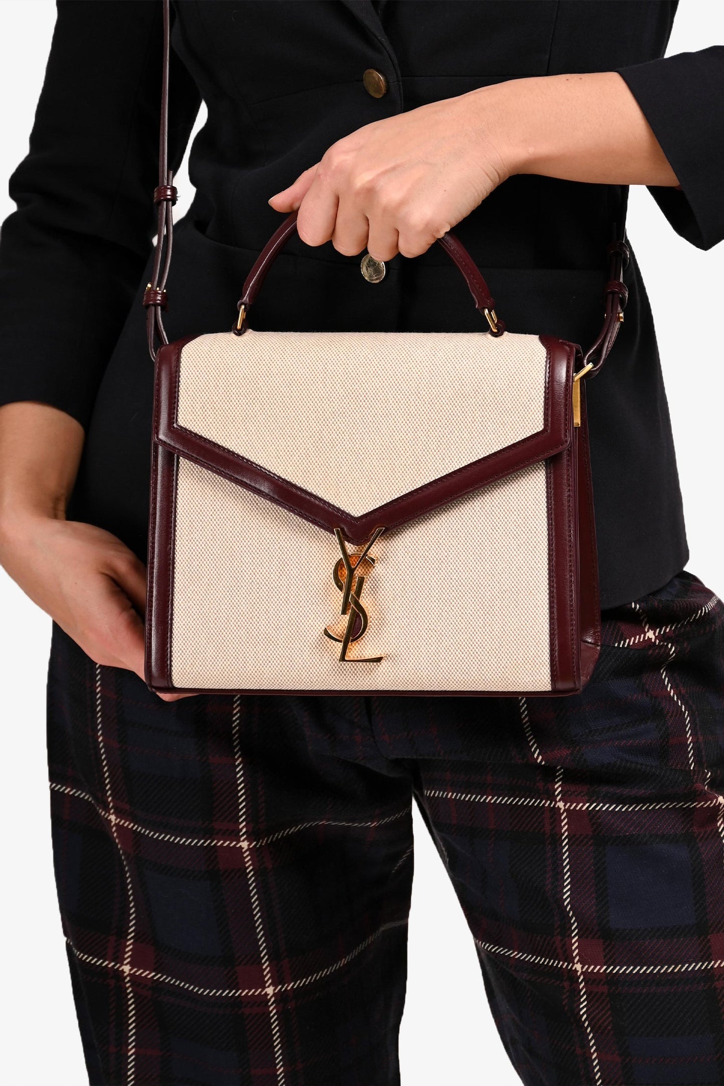 Saint Laurent 2020 Cream/Burgundy Canvas Leather-Trimmed Medium Cassandra Top Handle